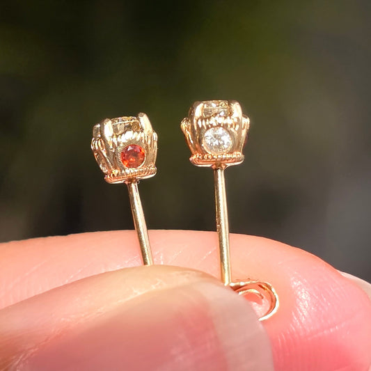 Vintage 10k Gold Basket Set Diamond Studs With Hidden Flush Set Diamond and Garnet Gemstones