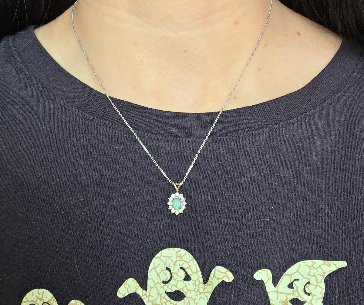 Gorgeous 14k White Gold .61TCW Opal Diamond Dainty Pendant (Optional 925 Chain)