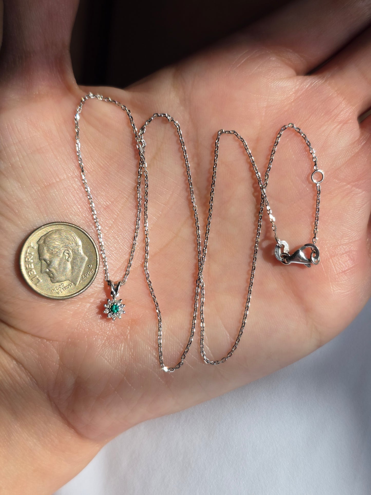 Gorgeous 18k White Gold Minimal Elegant Emerald Diamond Dainty  Pendant Necklace With Adjustable Biker Link Chain 16"/17"