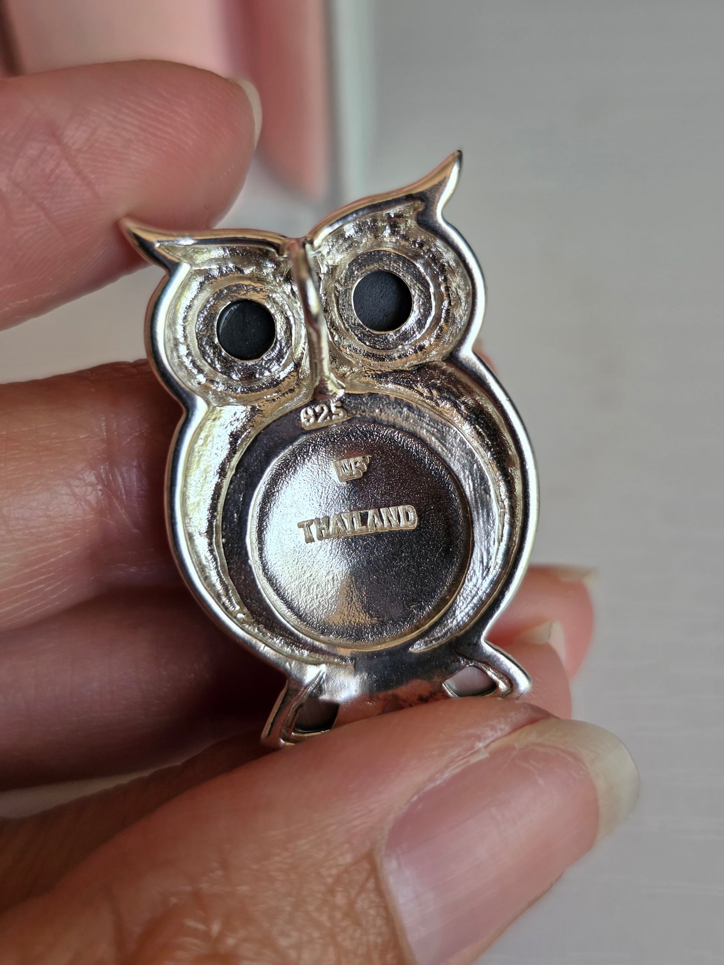 Awesome Solid Sterling Silver Large 1.3" Onyx Pearl Marcasite and Mother of Pearl Inlay Owl Pendant (NO CHAIN)