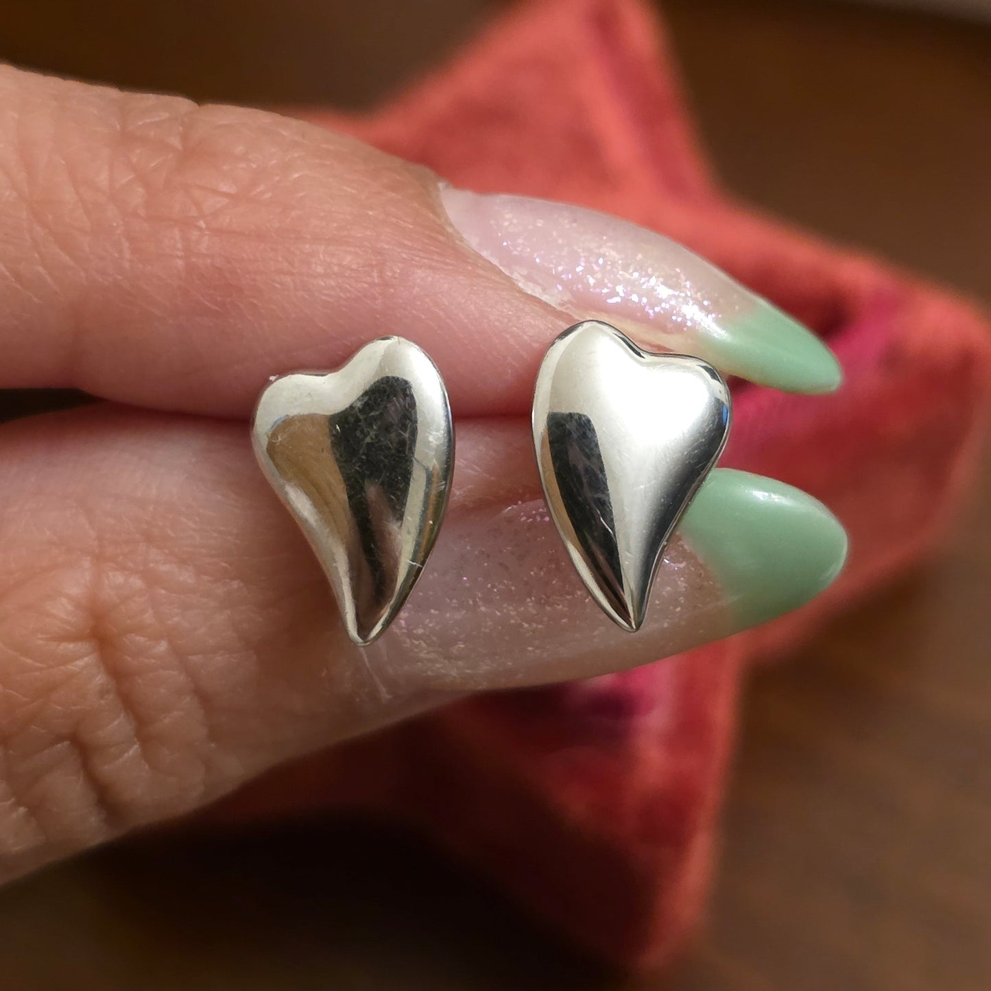 Modernist Solid Sterling Silver Elongated Polished Heart Studs Earrings