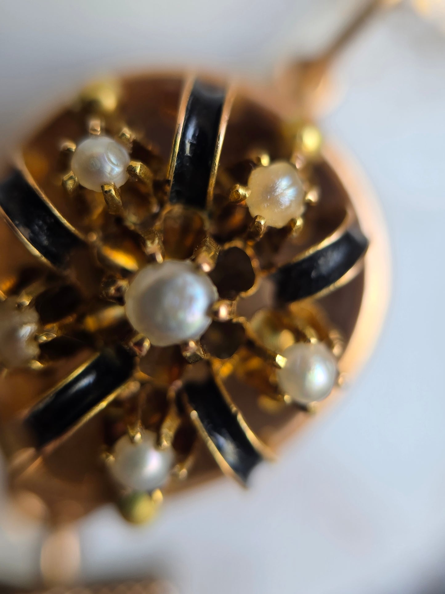 Stunning Victorian Style 14k/10k Seed Pearl & Black Enamel 2-In-1 Convertible Dangle Earrings