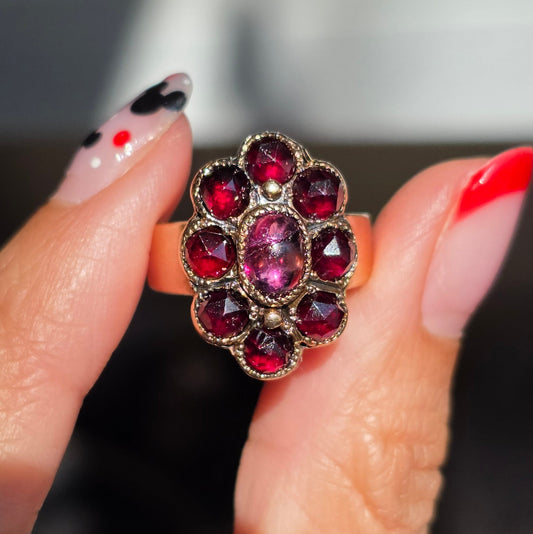 Victorian Style Antique 14k Gold Garnet + Amethyst Cabochon Cluster Statement Ring Size 7