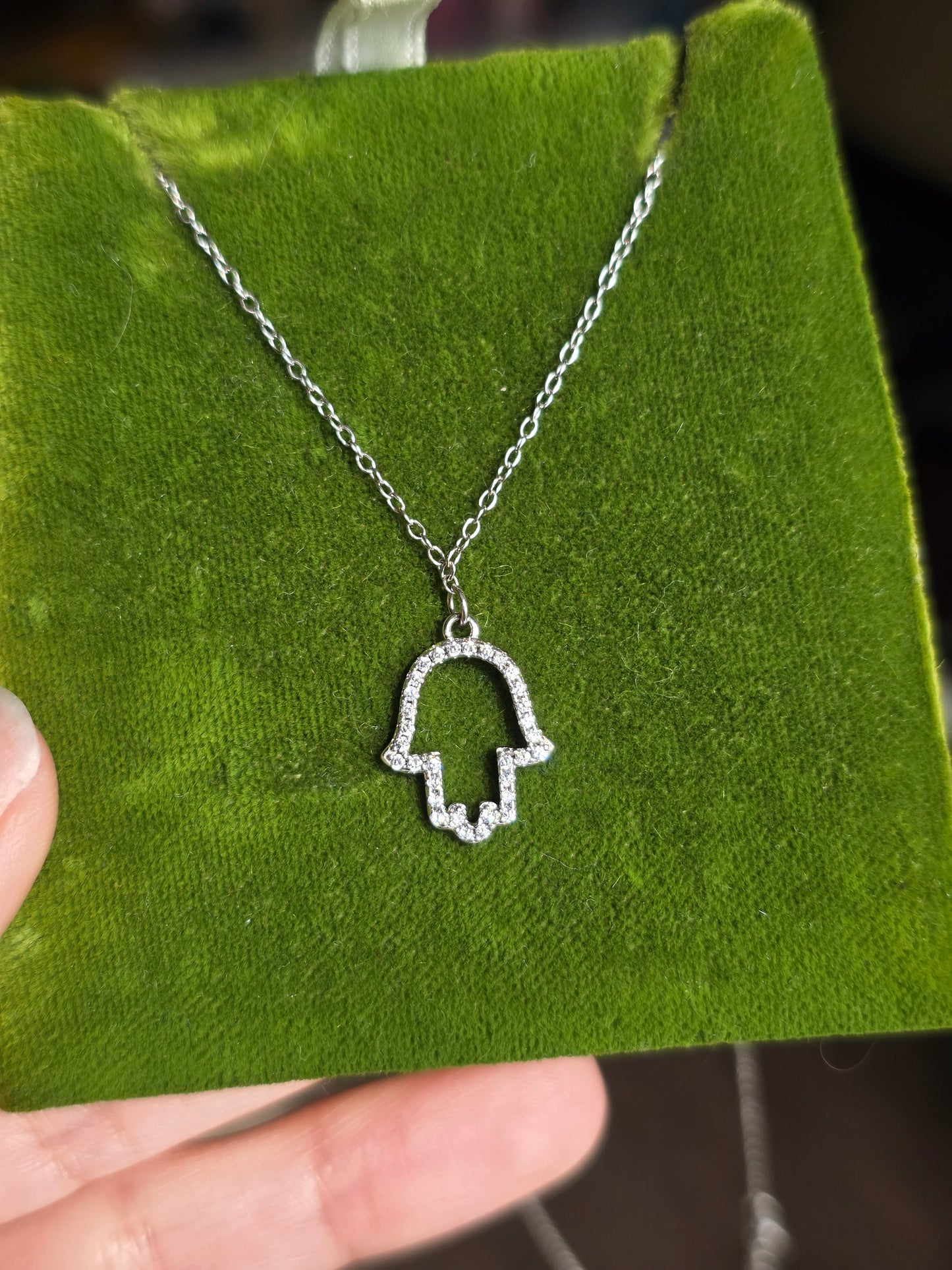 Sparkling CZ Hamsa Sterling Silver Charm Necklace Adjustable Cable Chain 16.5"-18.5"