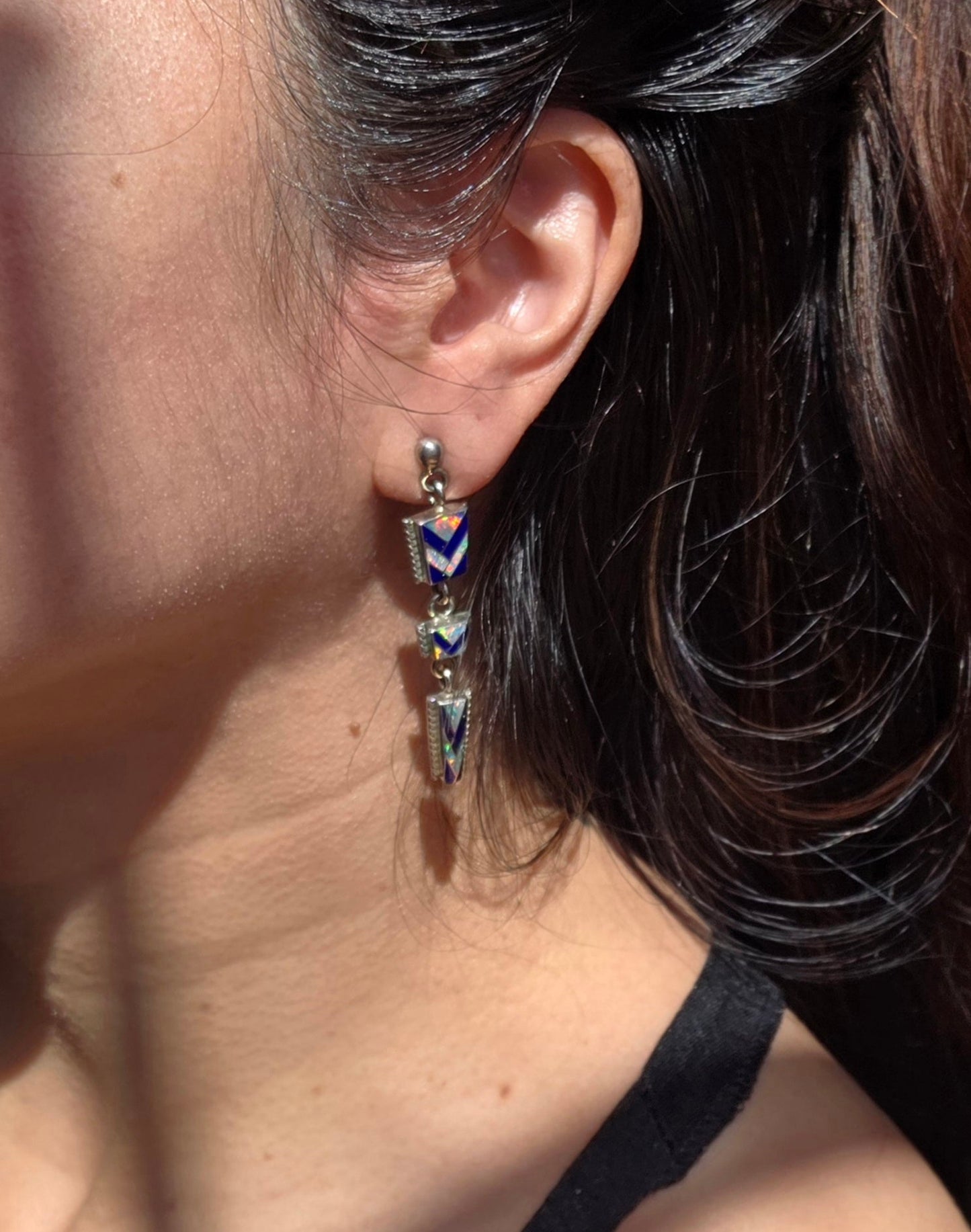 Beautiful Sterling Silver Lapis Lazuli & Opal Inlay Geometric Zuni Dangle Statement Earrings
