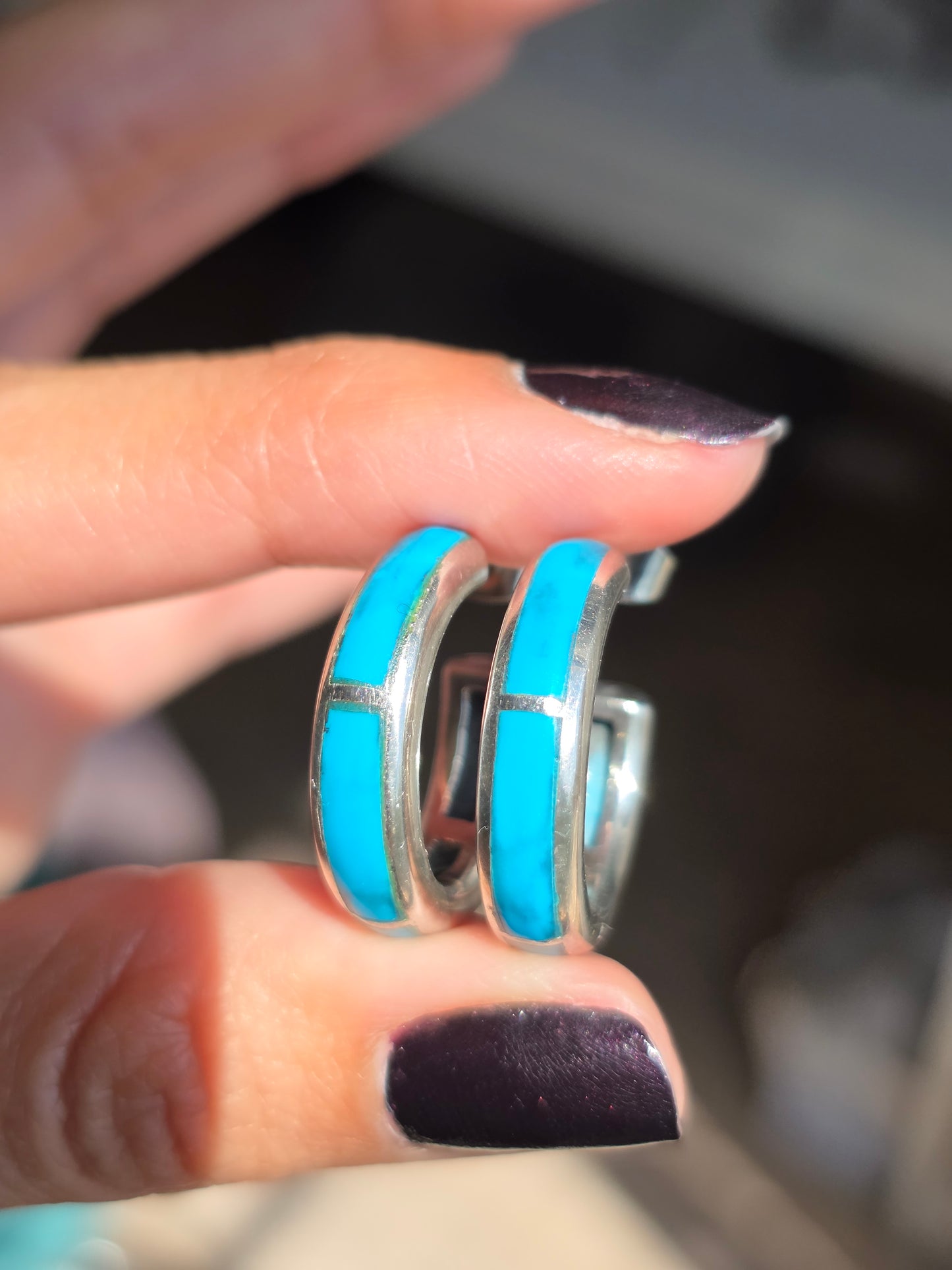 Awesome Turquoise Inlay Sterling Silver Solid Hoops Earrings
