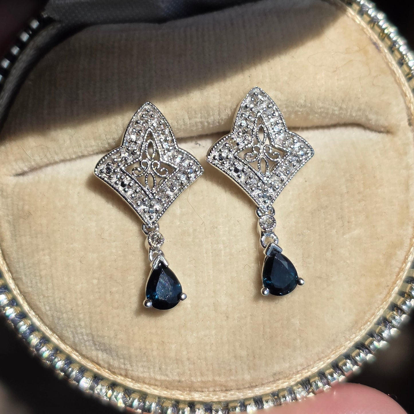 Beautiful Vintage Art Deco Style  10k White Gold .65TCW Sapphire Diamond Dangle Earrings
