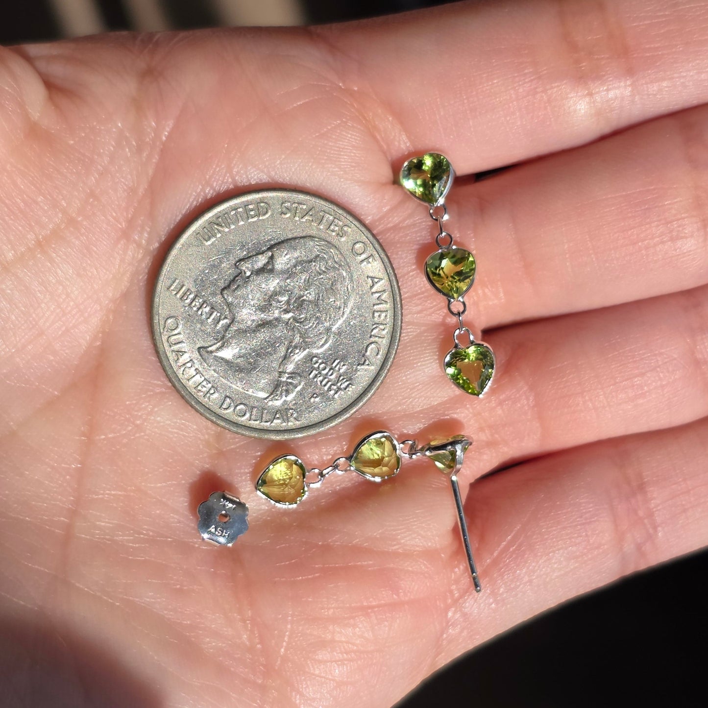 Pretty 14k White Gold Triple Heart Peridot Dangle Earrings August Birthstone