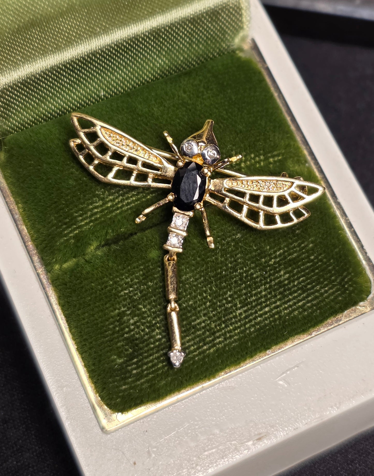 Adorable 14k Gold Sapphire and Diamond Two Toned Articulated Dragonfly Brooch/ Pendant (NO CHAIN)