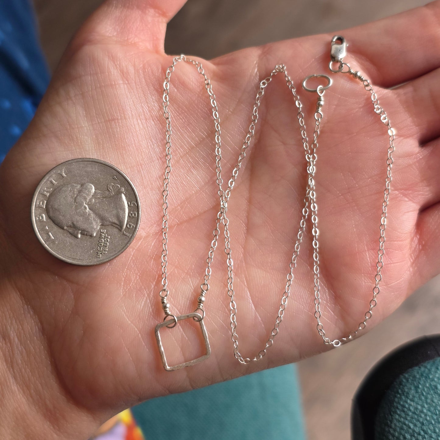 Dainty Delicate & Lightweight Modernist/Minimalist Sterling Silver Square Charm Necklace 18"