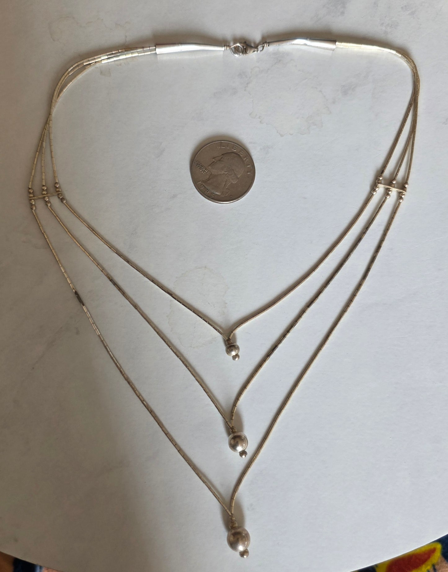 Pretty Vintage Liquid Silver Triple Strand Statement Necklace 16"