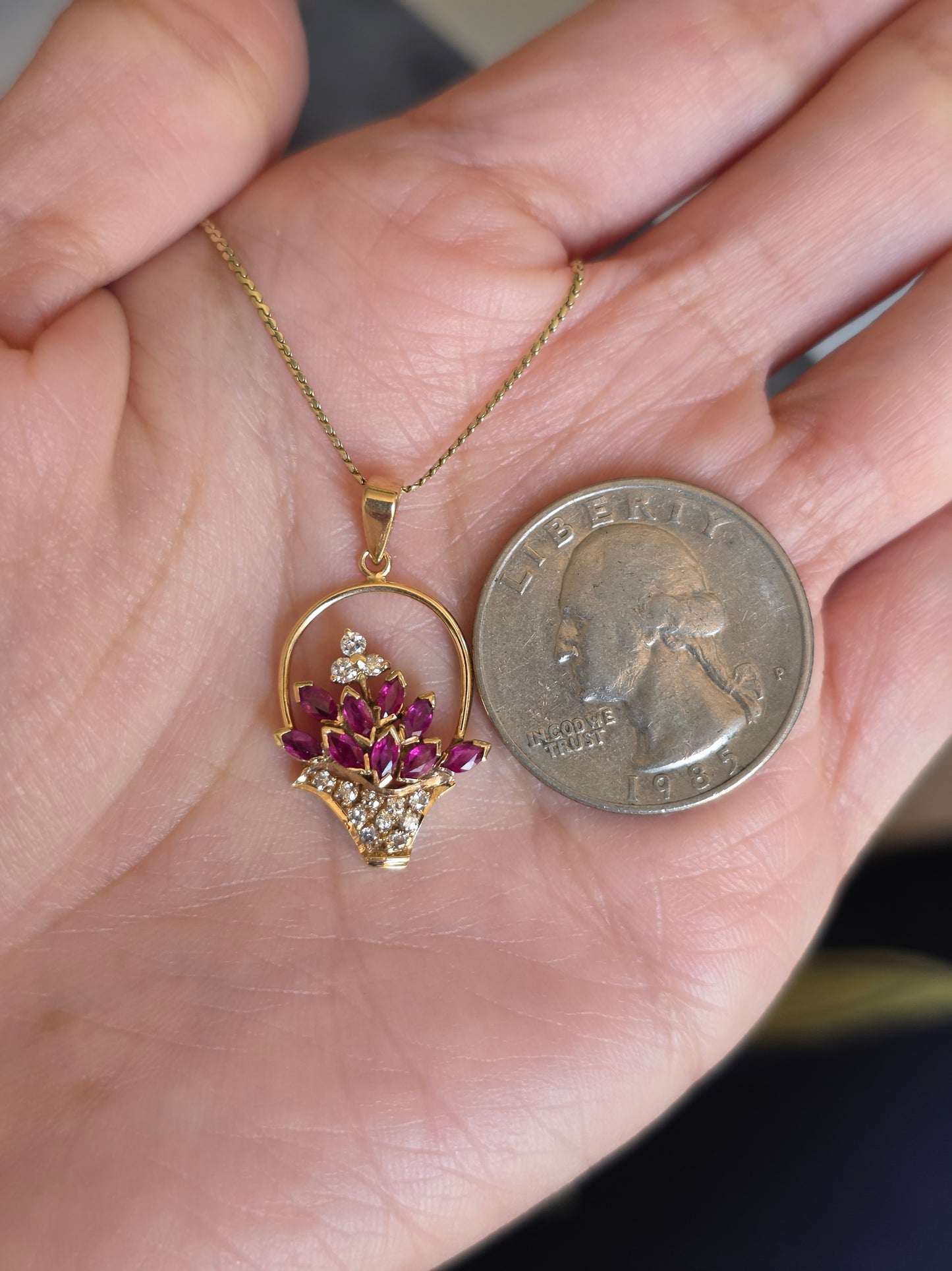 Pretty 14k Gold .82TCW Ruby & Diamond Flowers Basket Pendant (NO CHAIN)