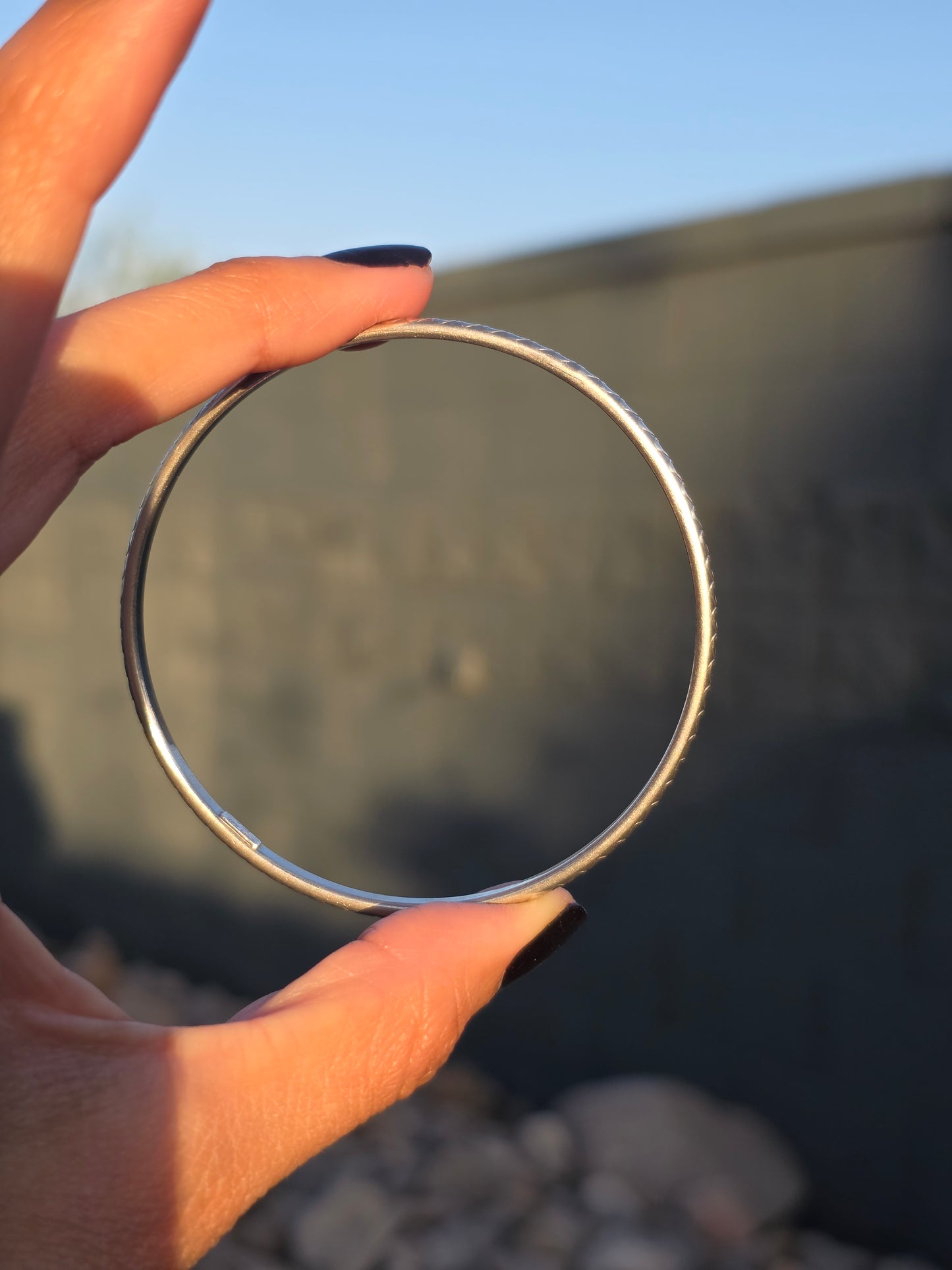 Solid Sterling Silver Heart Pattern Textured Skinny Bangle Bracelet
