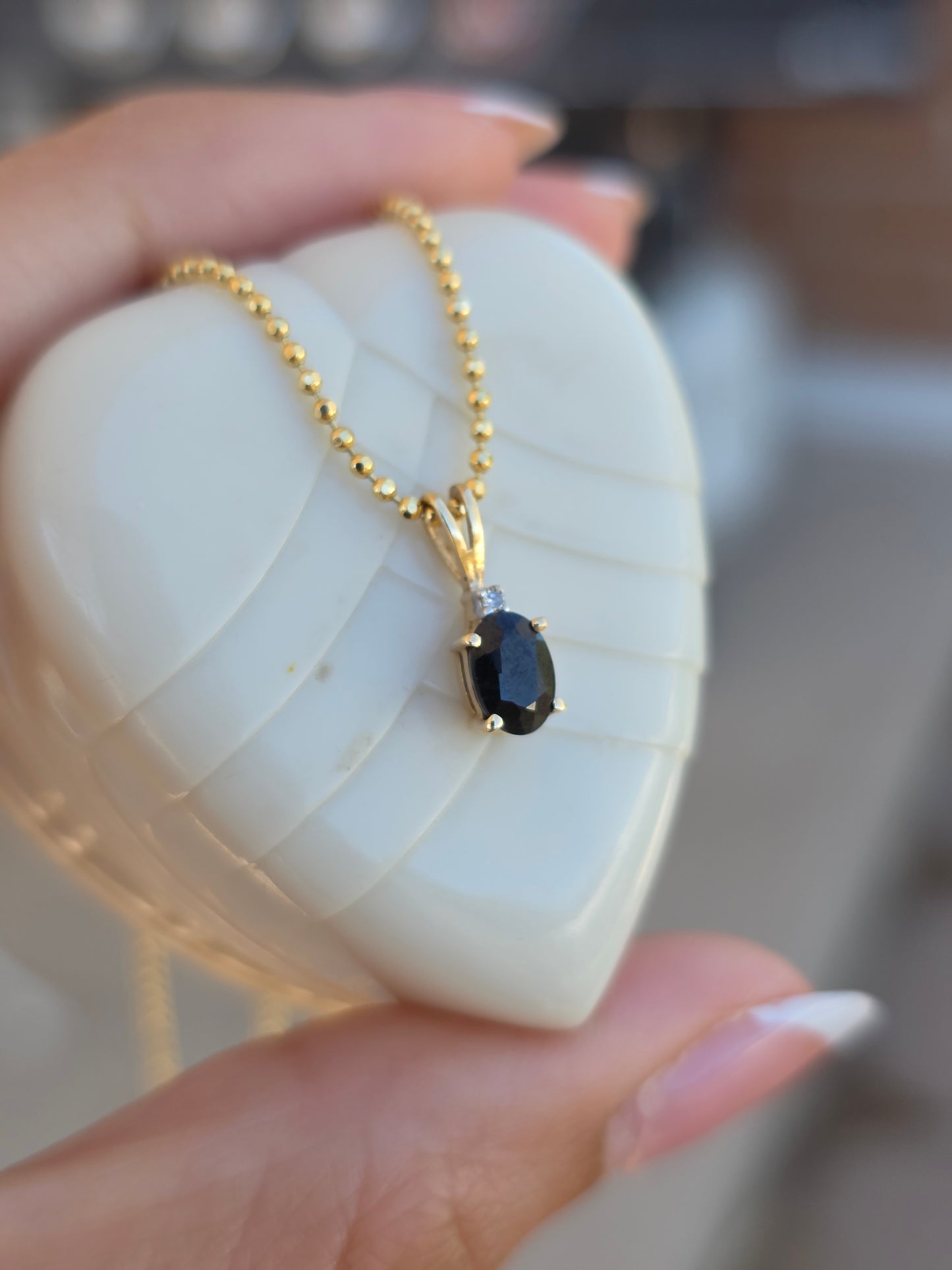 Sweet 14k Gold Oval Dark Blue Gemstone Diamond Accent Dainty Pendant (NO CHAIN)