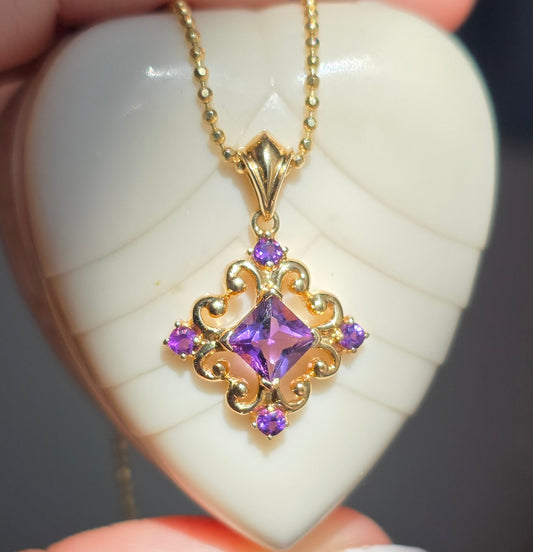 Stunning 14k Gold Filigree Princess Amethyst Pendant (NO CHAIN)