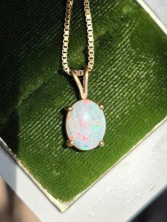 Gorgeous 14k Gold 1.10ctw Oval Opal Solitaire Pendant October Birthstone
