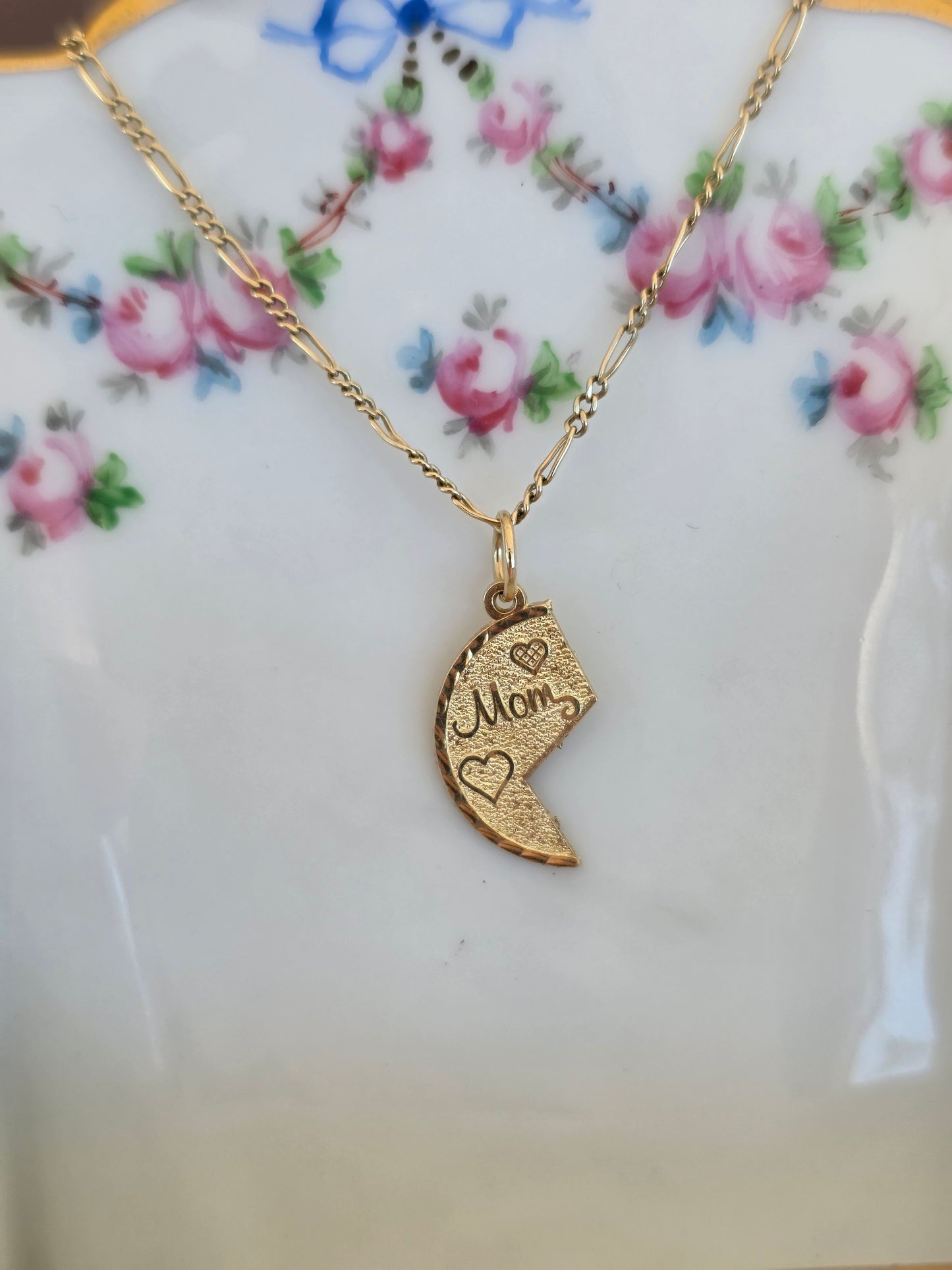 14k Gold Half Heart "MOM" Textured Charm (NO CHAIN)