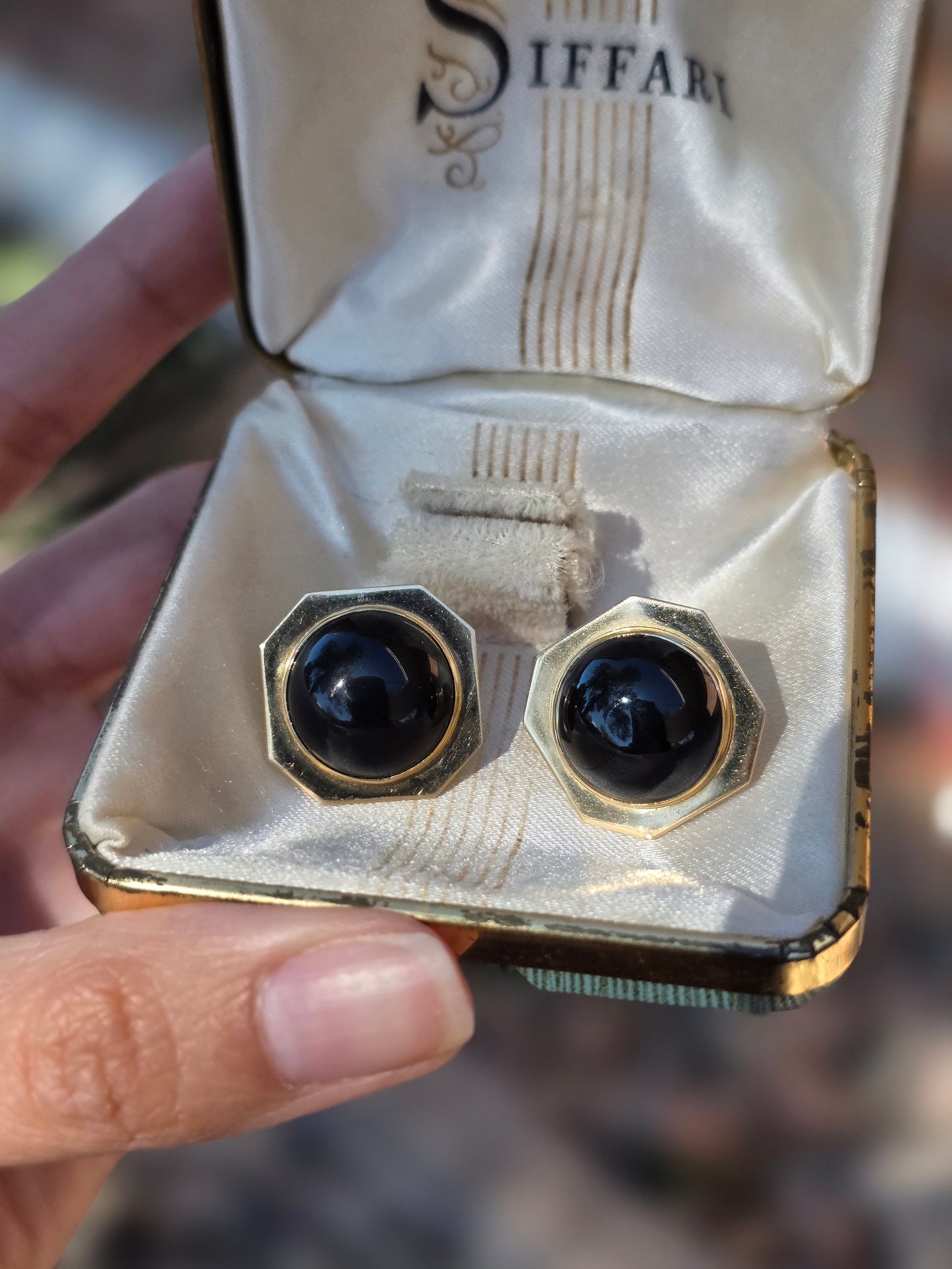 Geometric 14k Gold Onyx Cabochon Statement Button Earrings