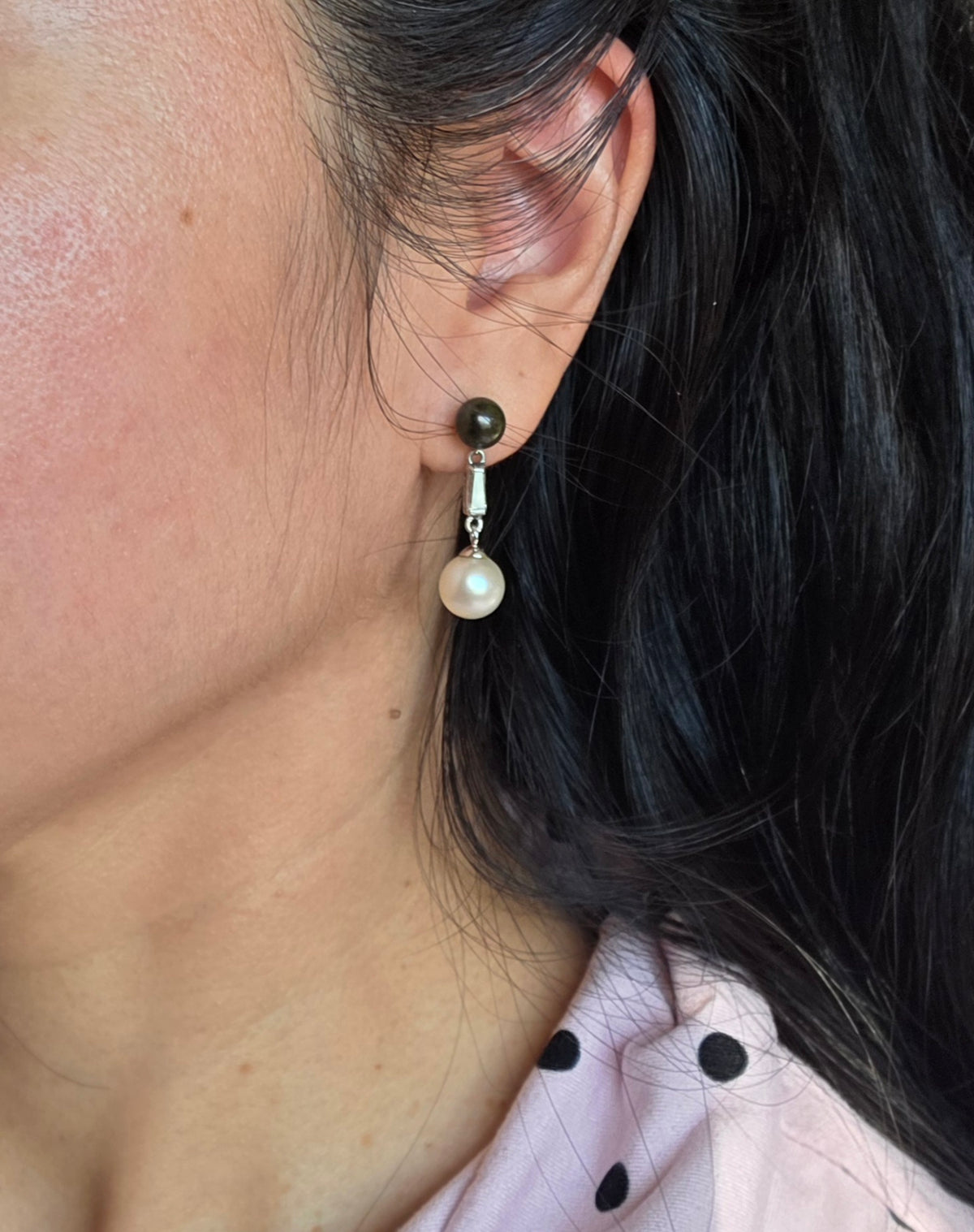 Gorgeous Elegant 14k White Gold Brown + Cream Pearl & Diamond Drop Earrings