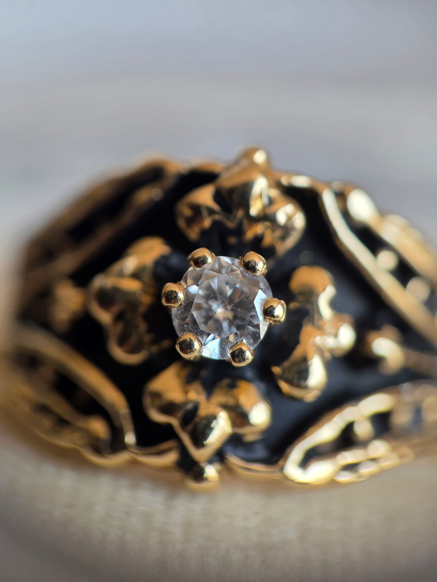 Awesome 14k Gold Diamond Blacked Out Oxidized Flower Statement Ring Size 4.5