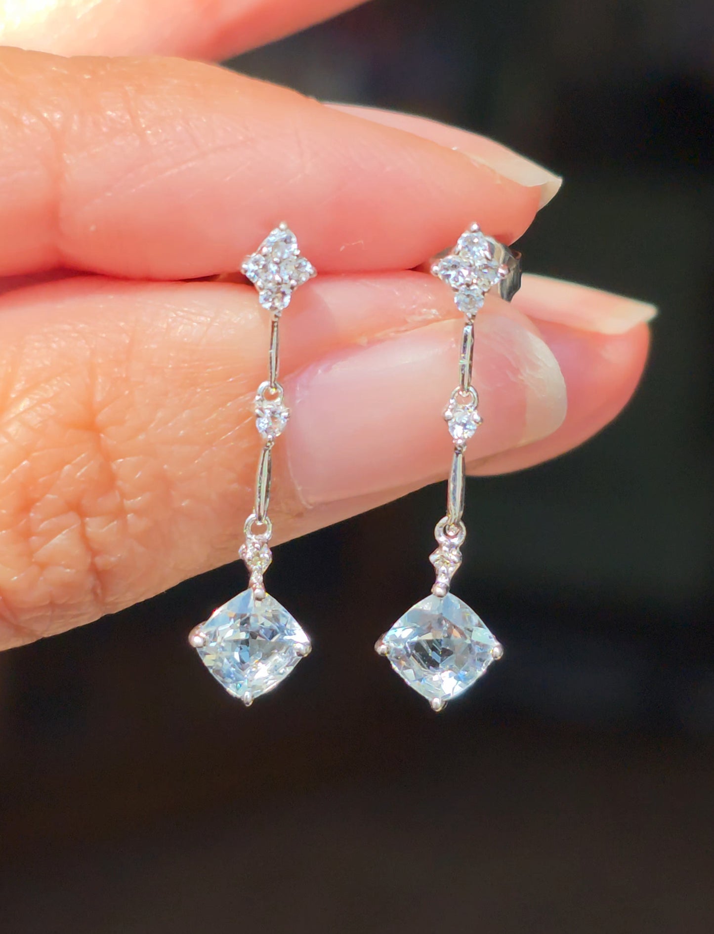 Elegant 14k White Gold Aquamarine & White Topaz Drop Dangle Earrings | March Birthstone