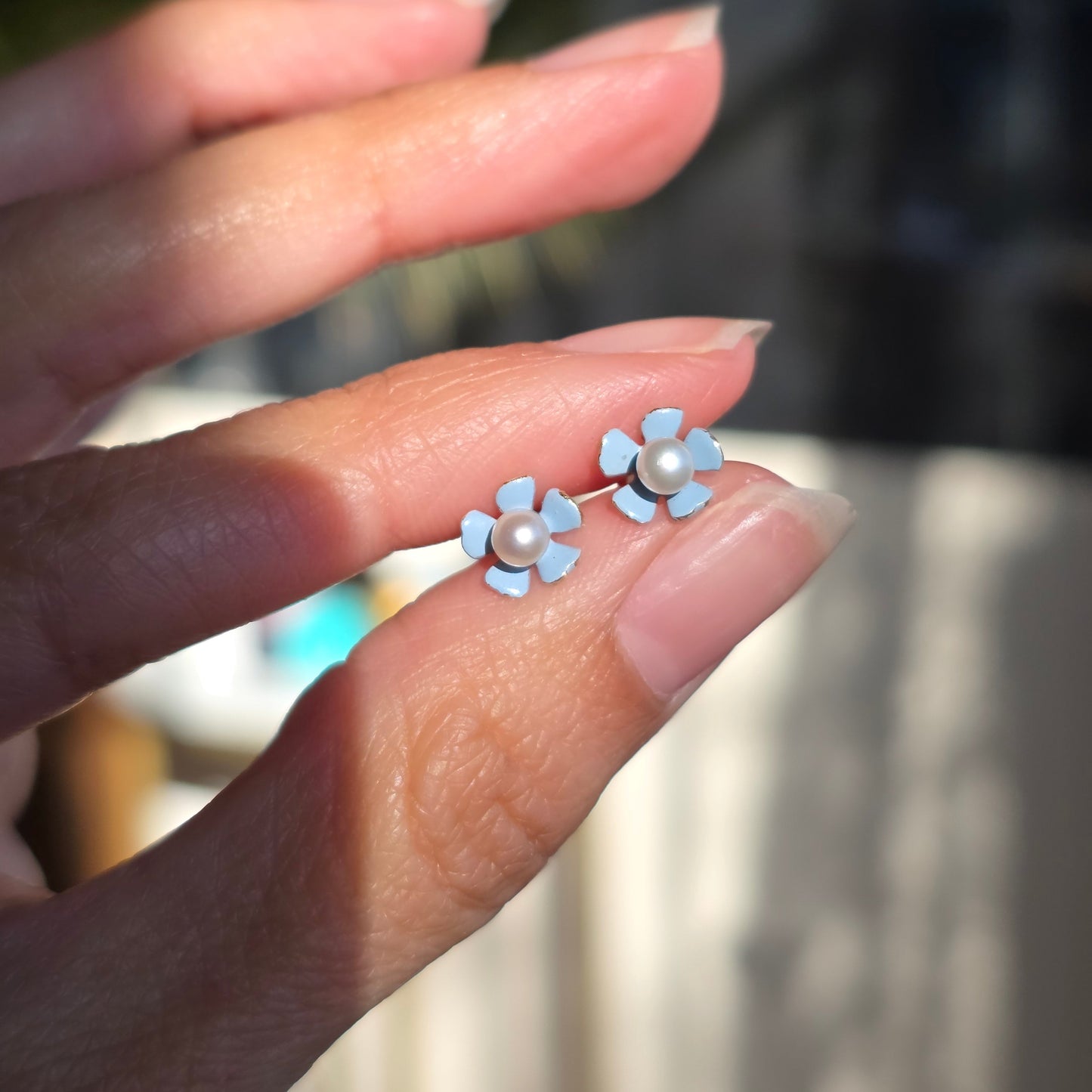 Precious 14k Blue Enamel & Pearl Dainty Flower Stud Earrings