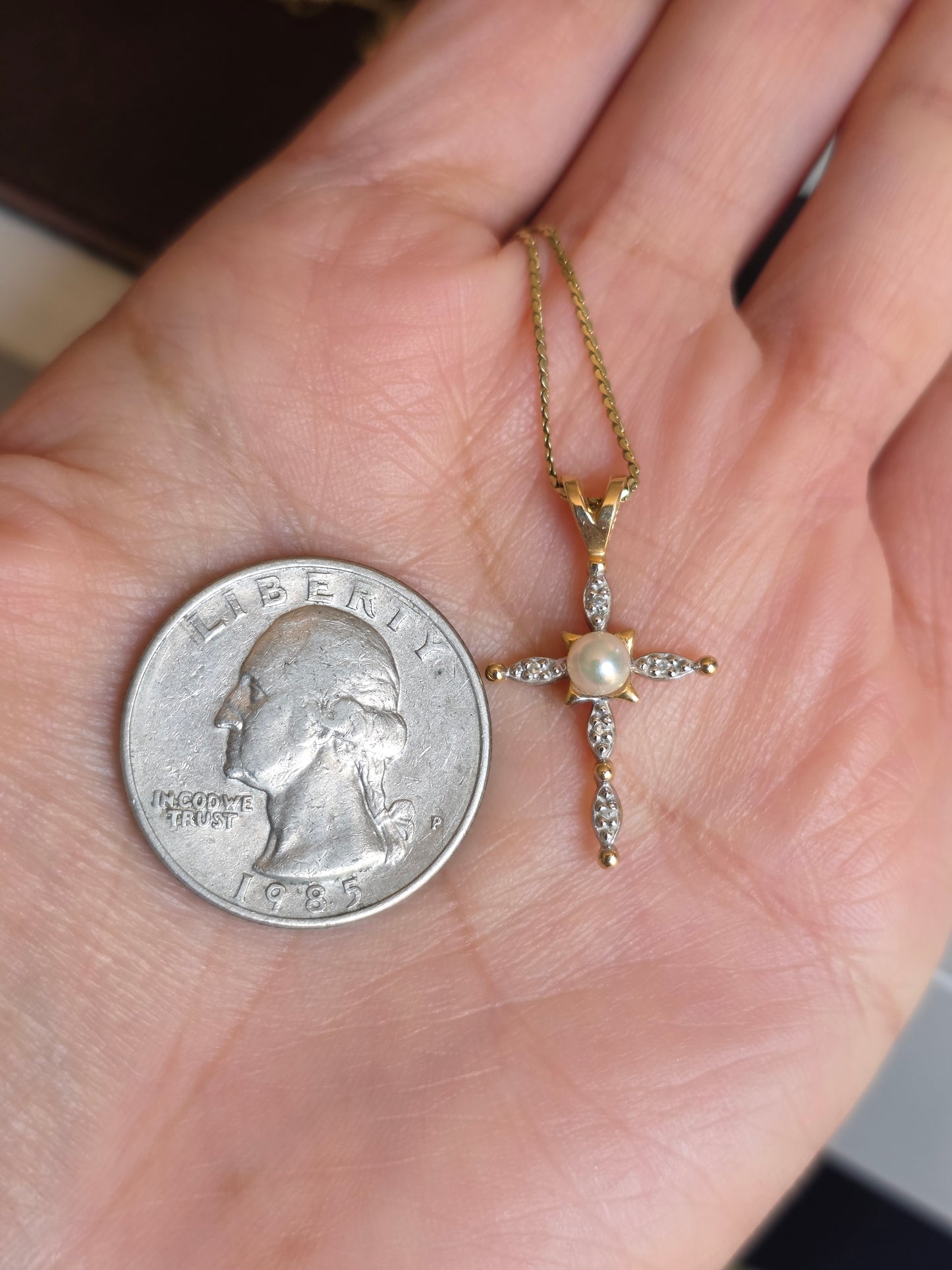 Pretty Pearl and Diamond 14k Gold Cross Pendant (NO CHAIN)