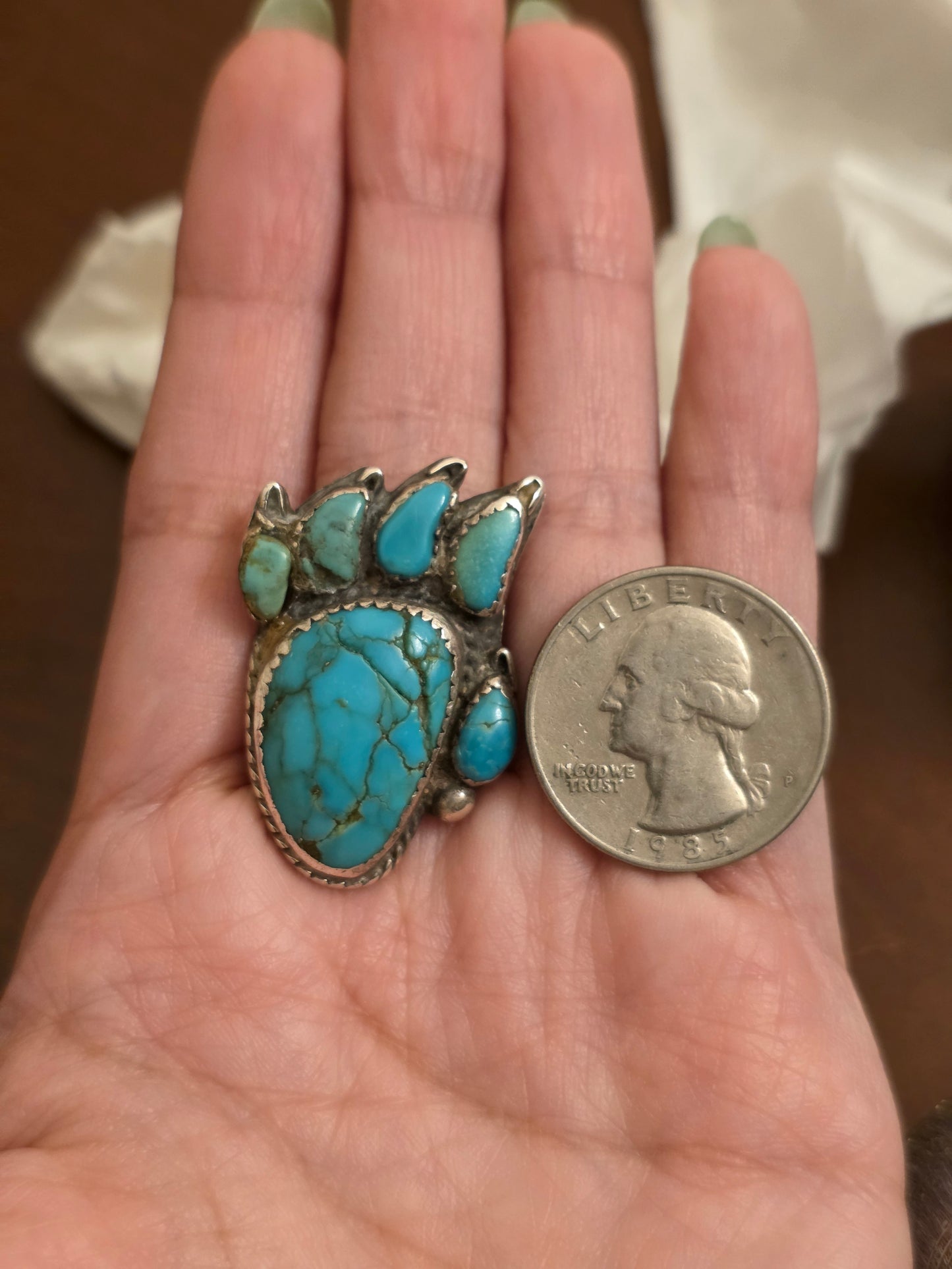 Vintage Signed MAJ Native American Turquoise Bear Claw/Paw Print Sterling Silver Solid Statement Ring Size 5