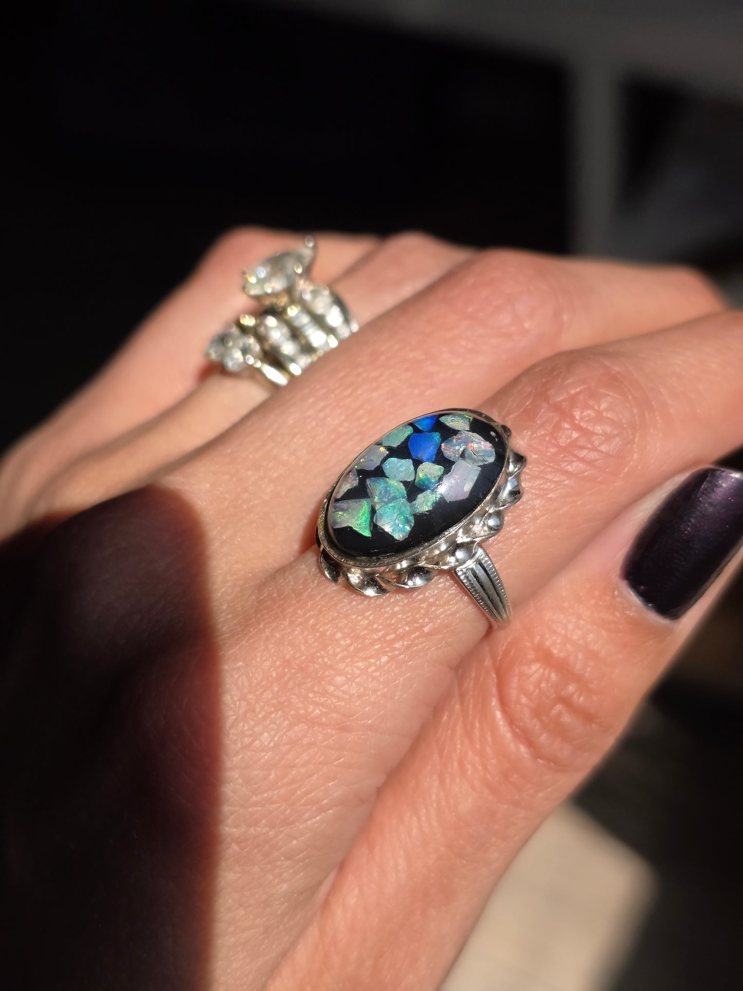 Pretty Sterling Silver Opal Mosaic Oval Statement Ring Size 4.5