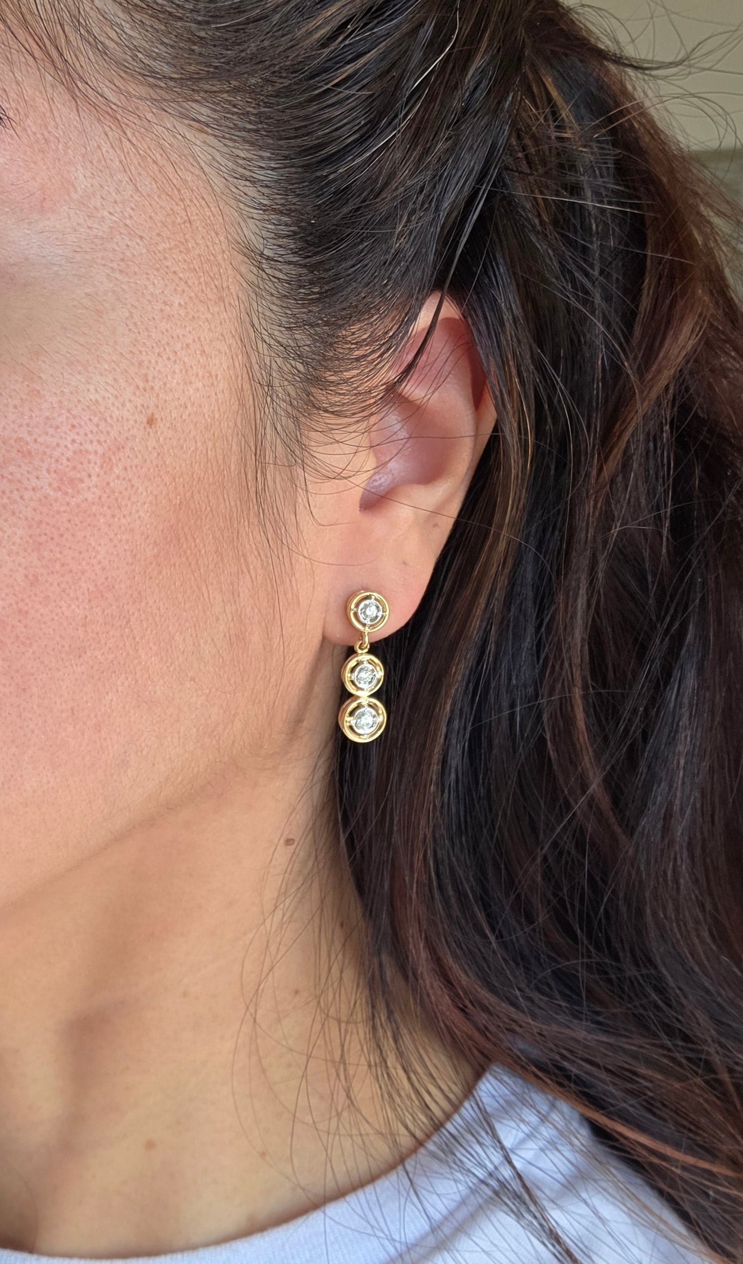 Vintage Inspired 14k Graduated Three Tier Circle Bezel Diamond Drop Dangle Earrings