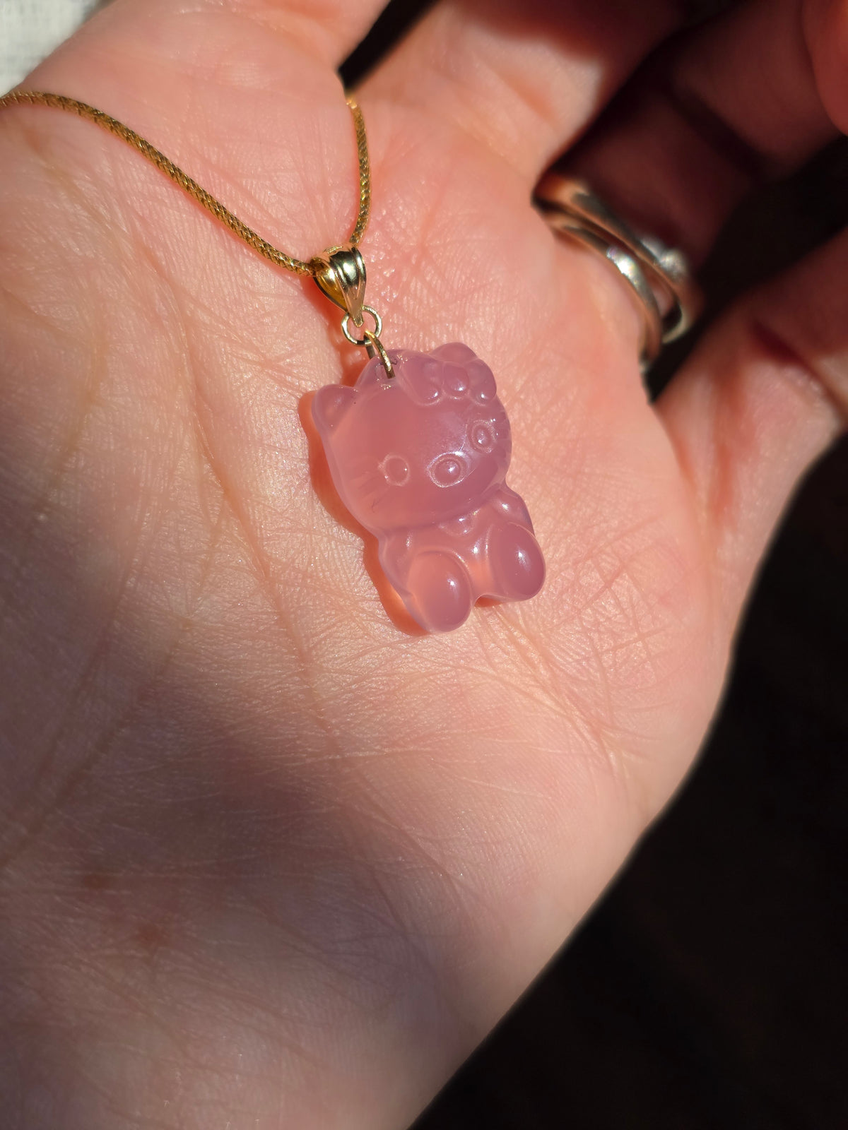 Adorable Carved Purple Jade Hello Kitty Gold Pendant (NO CHAIN)