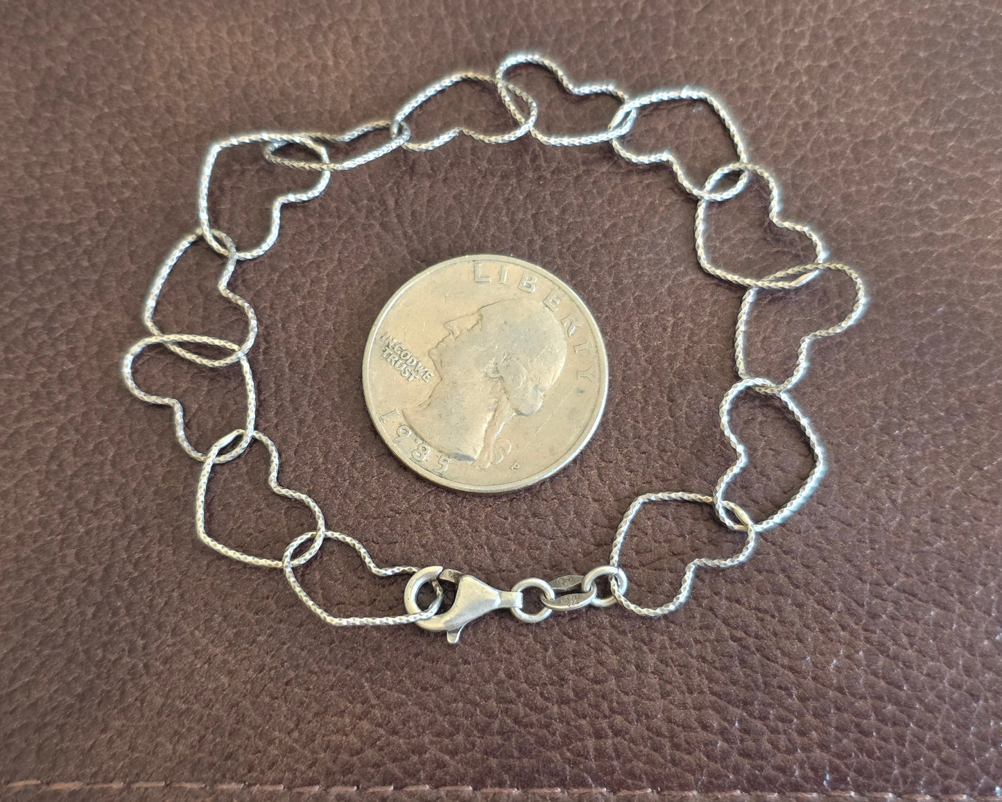 Pretty Sterling Silver Open Heart Link Textured Lightweight Bracelet 7.5"