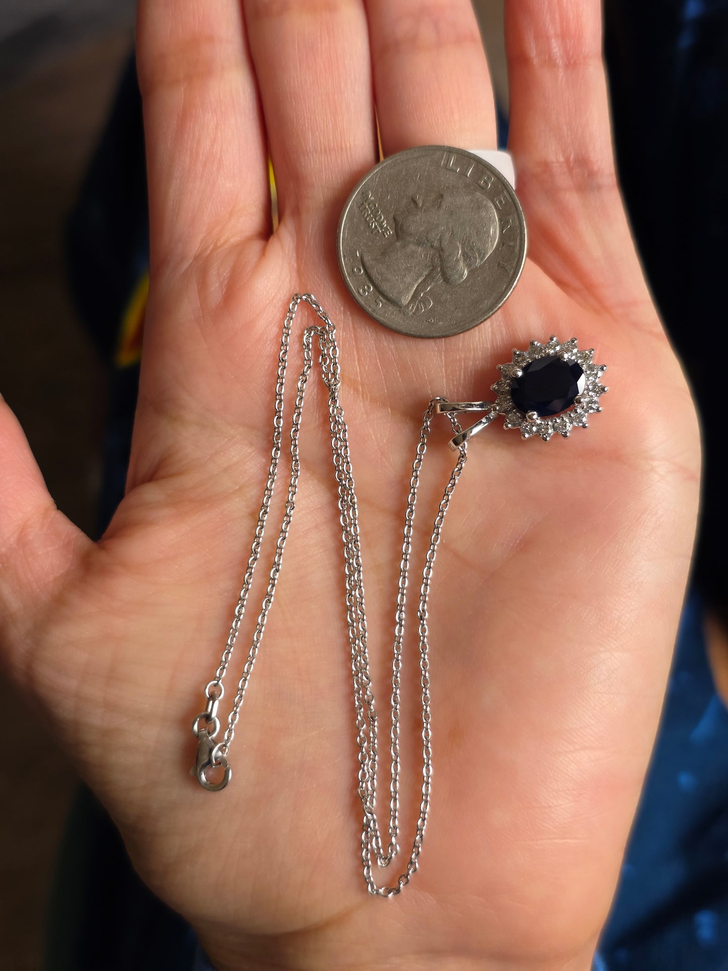 Beautiful 14k White Gold 2.44TCW Dark Blue Sapphire and Diamond Halo Pendant Necklace With 16" Cable Chain