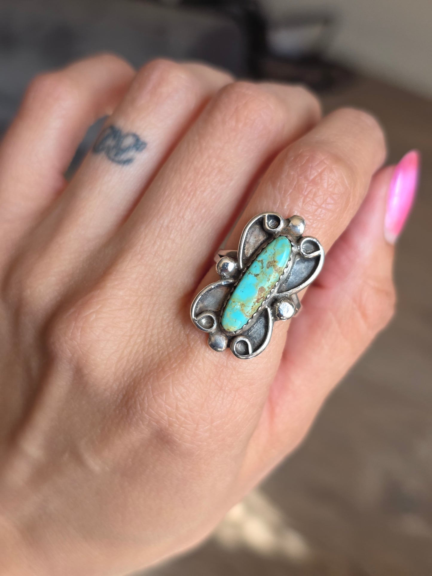 Vintage Navajo Style Signed RB Elongated Royston Turquoise Gemstone Sterling Silver Statement Ring Size 5.5