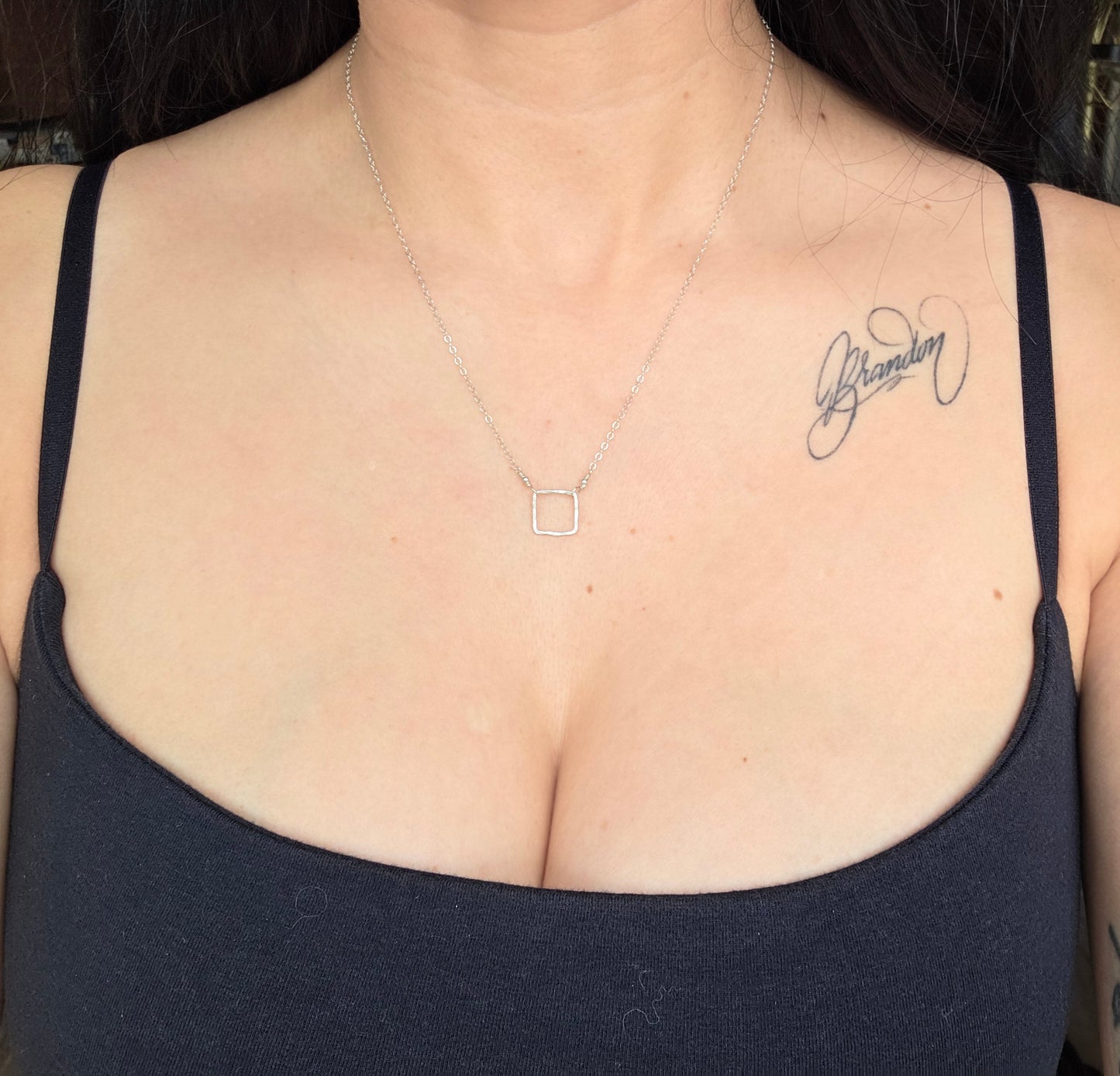 Dainty Delicate & Lightweight Modernist/Minimalist Sterling Silver Square Charm Necklace 18"