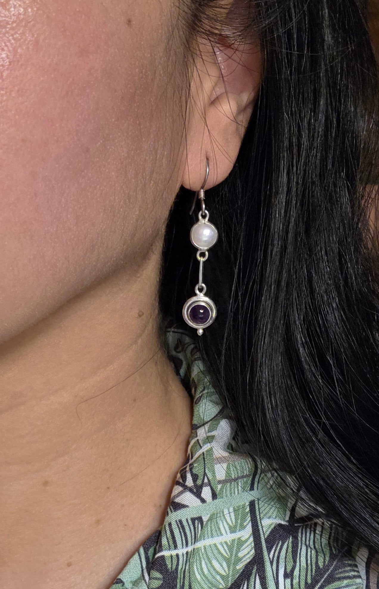 Sterling Silver Amethyst and Pearl Dangle Statement Earrings Earrings