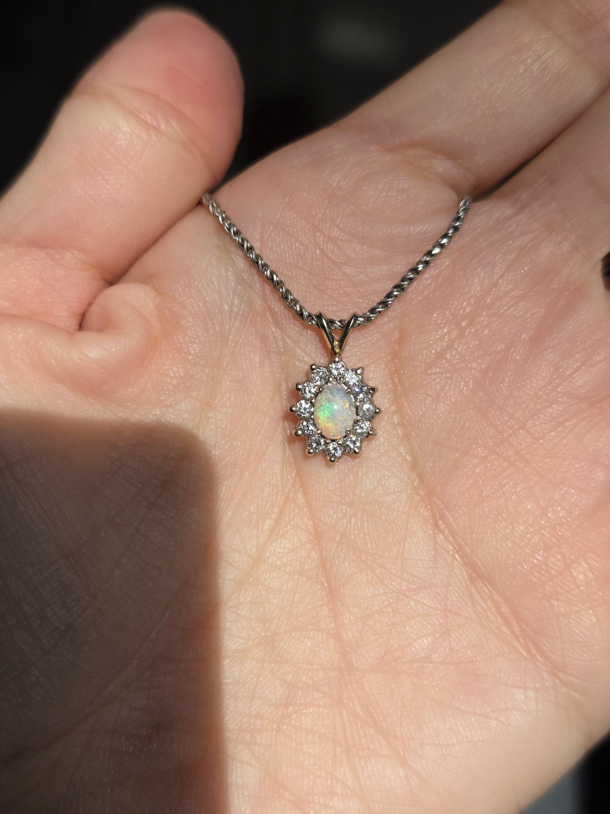 Gorgeous 14k White Gold .61TCW Opal Diamond Dainty Pendant (Optional 925 Chain)