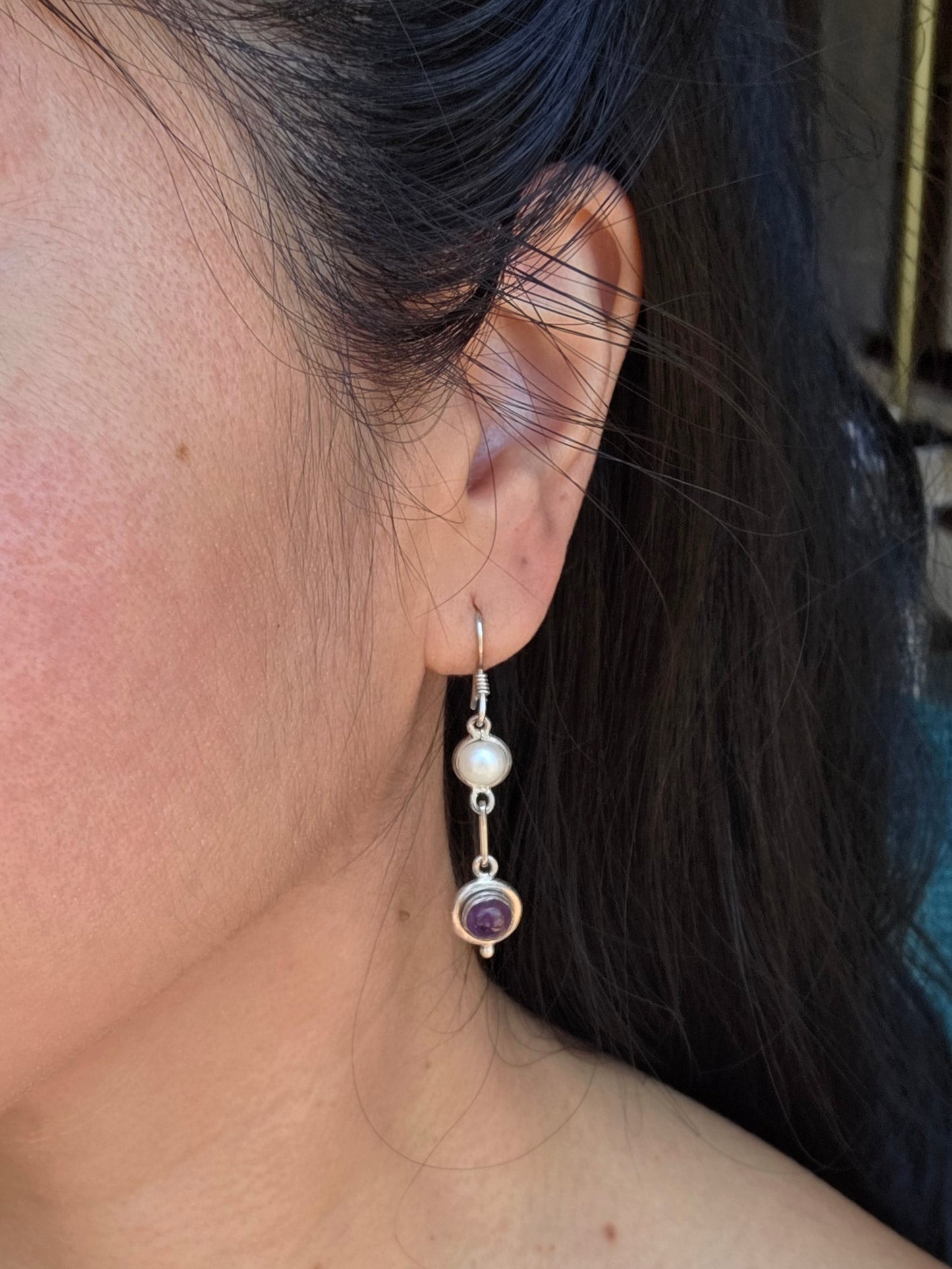 Sterling Silver Amethyst and Pearl Dangle Statement Earrings Earrings