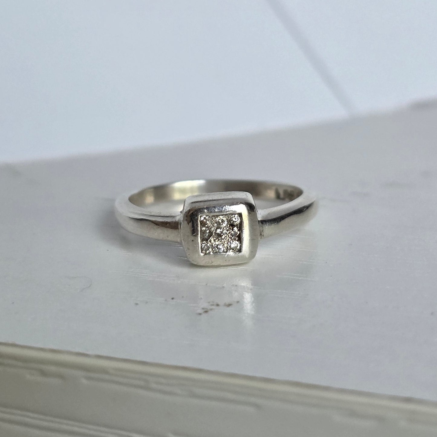 Adorable Sterling Silver Diamond Square Signet Ring Size 5