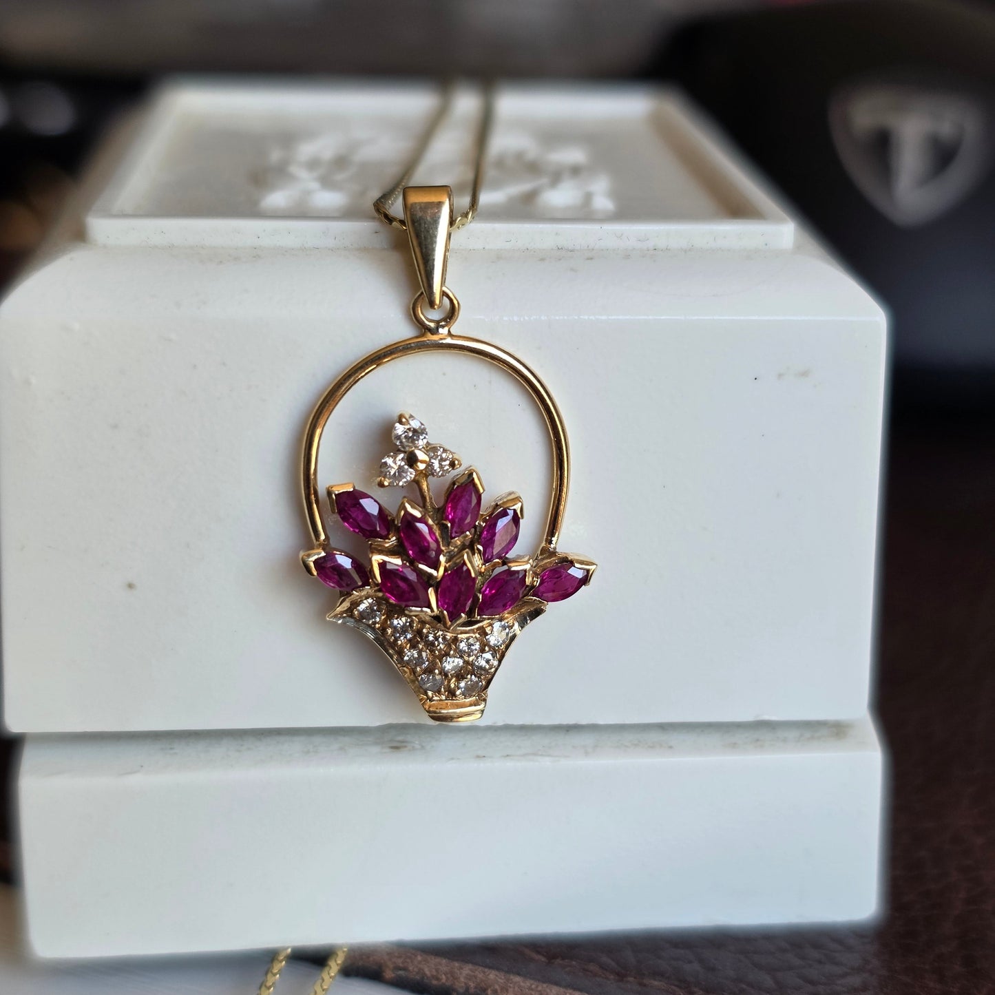 Pretty 14k Gold .82TCW Ruby & Diamond Flowers Basket Pendant (NO CHAIN)