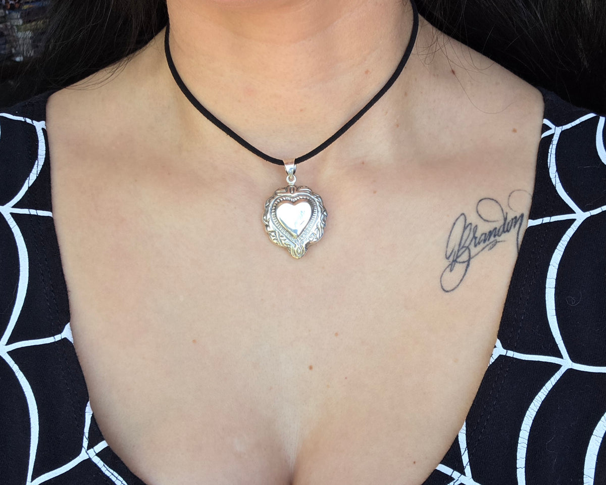 Vintage Puffy Ornate Sterling Silver Large Heart Pendant (NO CHAIN)