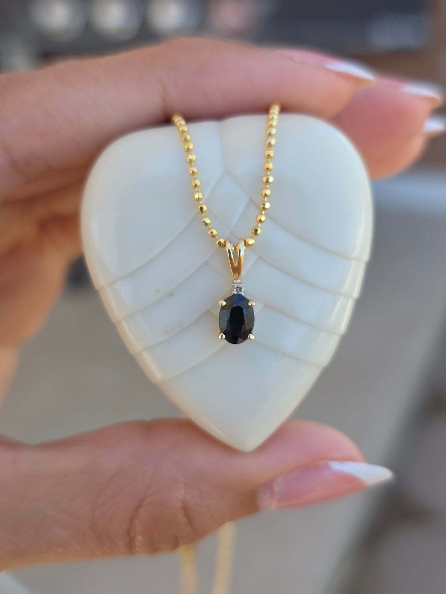 Sweet 14k Gold Oval Dark Blue Gemstone Diamond Accent Dainty Pendant (NO CHAIN)
