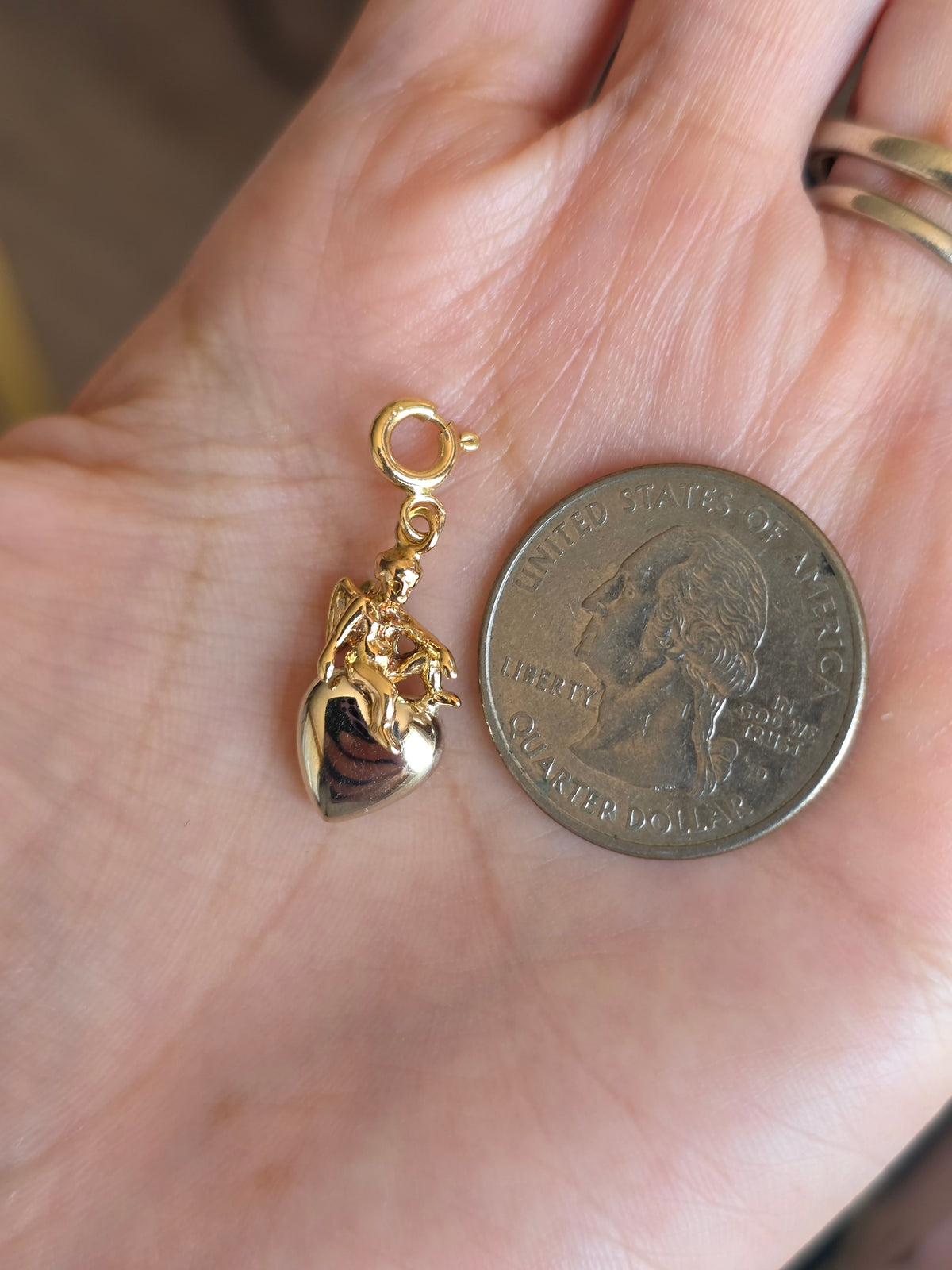 Beautiful Vintage 14k 2Tone Cherub Angel White Gold Heart Charm Spring Ring Clasp (NO CHAIN)