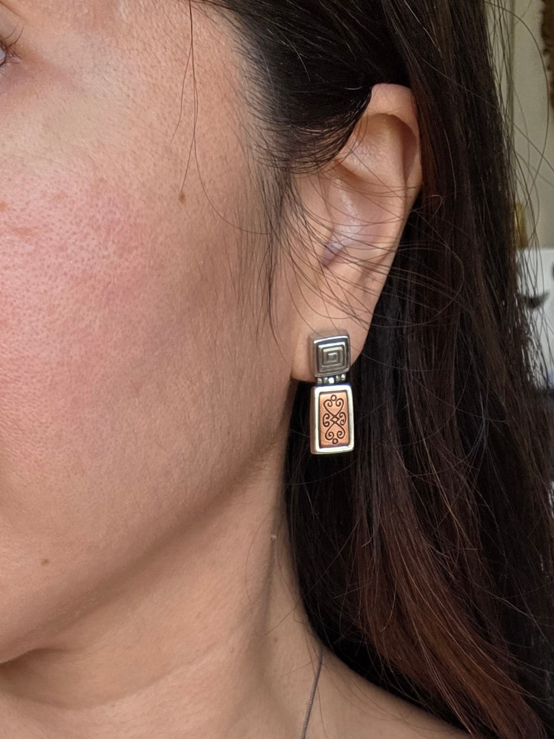 Vintage Heavy Sterling Silver & Copper Accented Scroll Drop Earrings