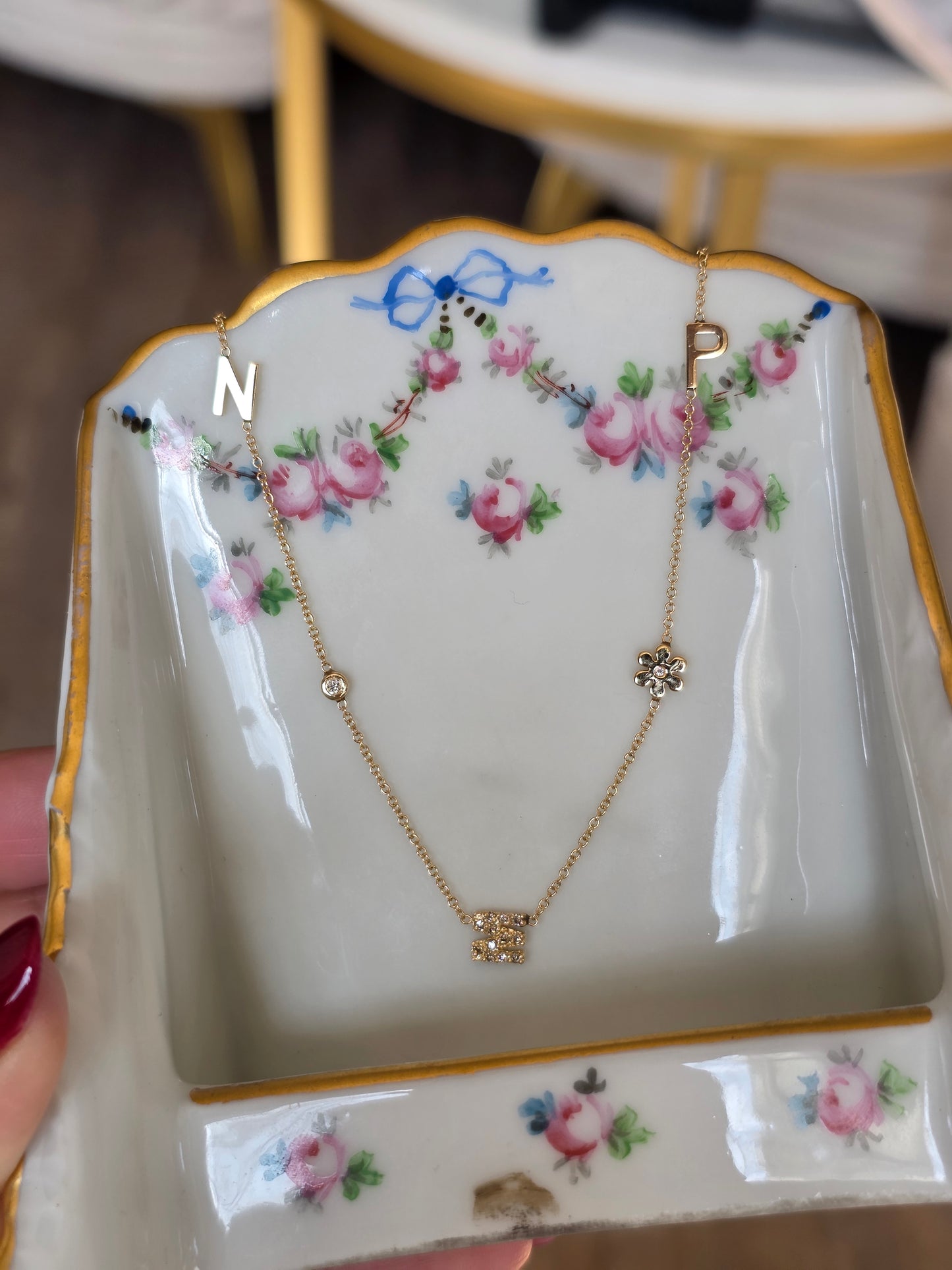 Lovely 14k Gold "NMP" Initial Station Diamond Flower / Bezel Diamond Necklace 16"/18"