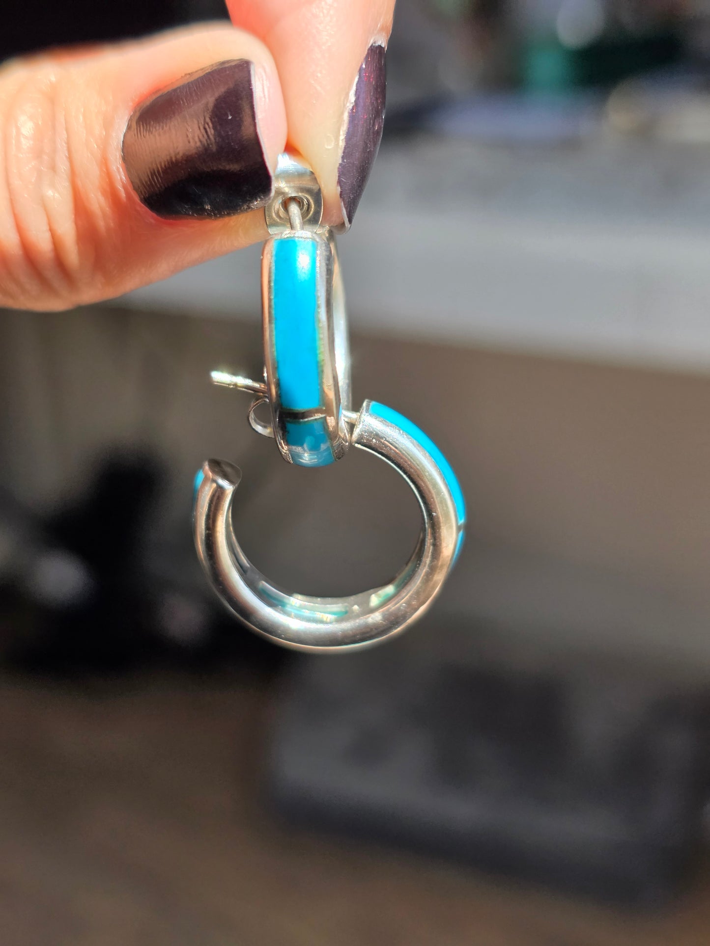 Awesome Turquoise Inlay Sterling Silver Solid Hoops Earrings