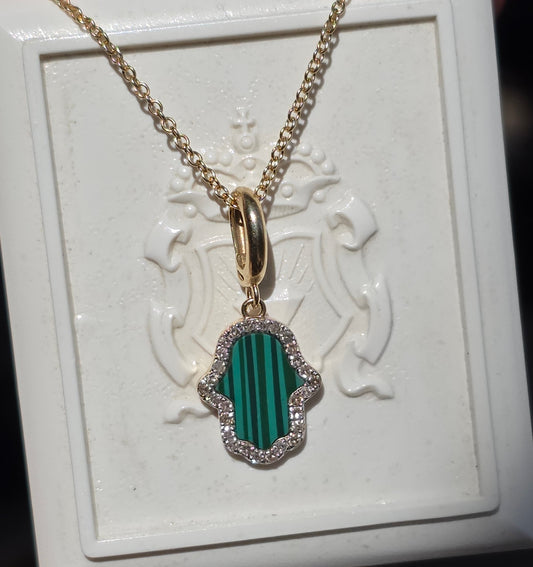 14k Malachite and Diamond Hamsa Pendant (NO CHAIN)