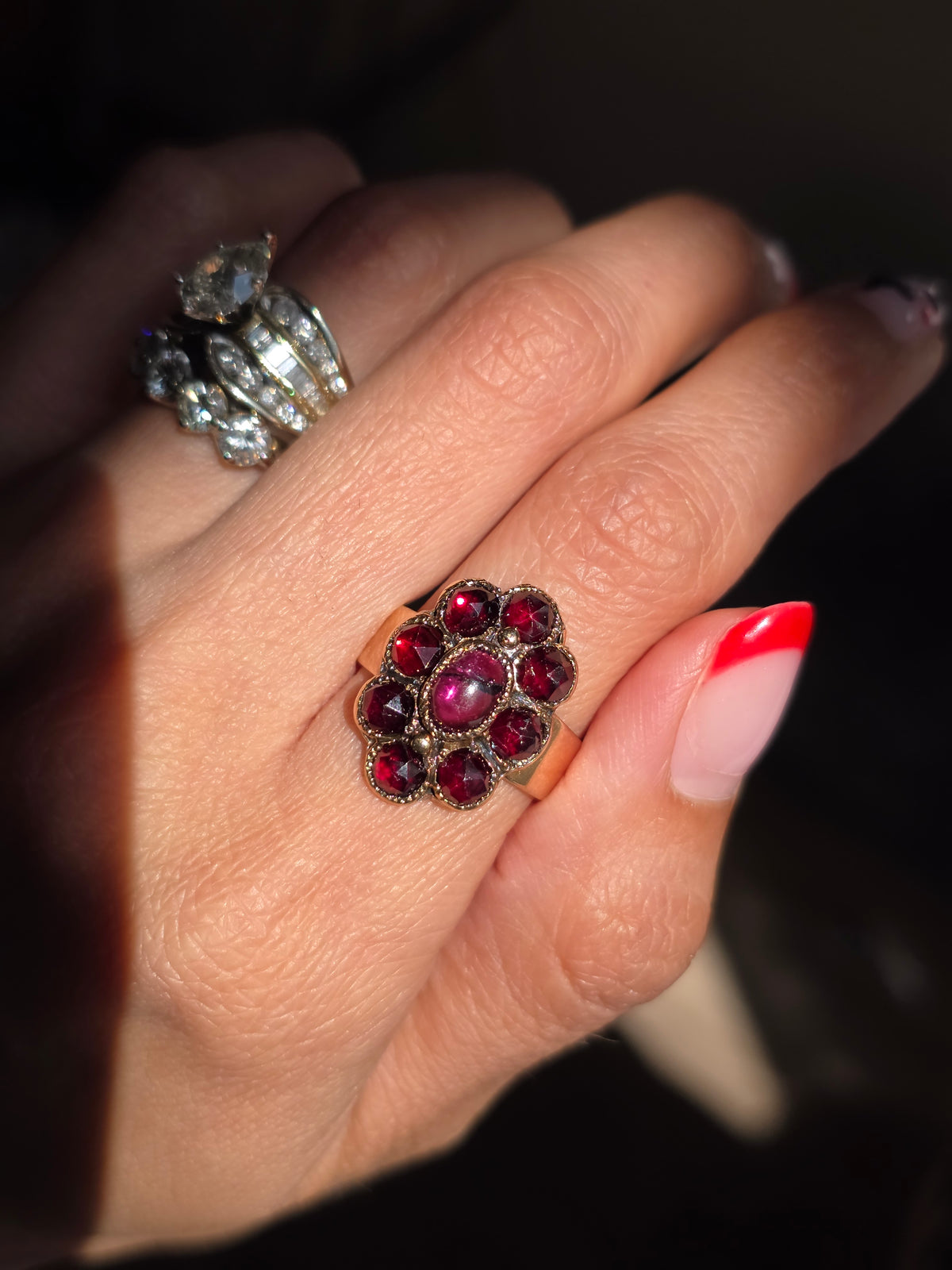 Victorian Style Antique 14k Gold Garnet + Amethyst Cabochon Cluster Statement Ring Size 7