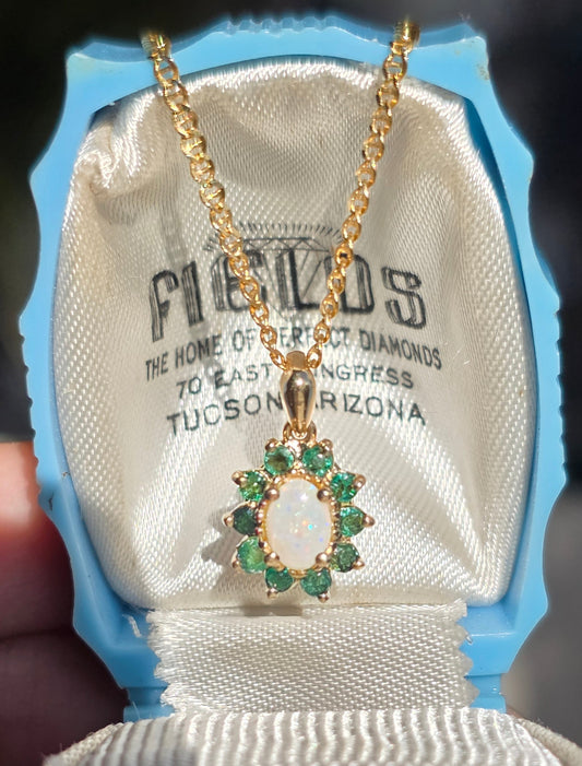 Beautiful 10k Gold .65ctw Opal Emerald Halo Pendant (NO CHAIN)