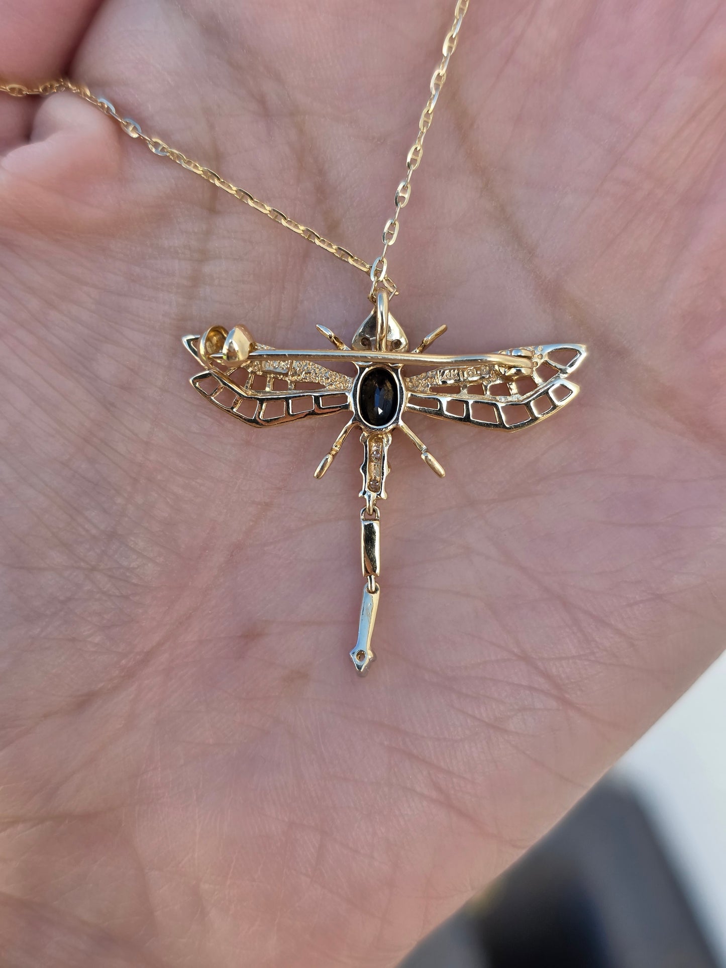 Adorable 14k Gold Sapphire and Diamond Two Toned Articulated Dragonfly Brooch/ Pendant (NO CHAIN)